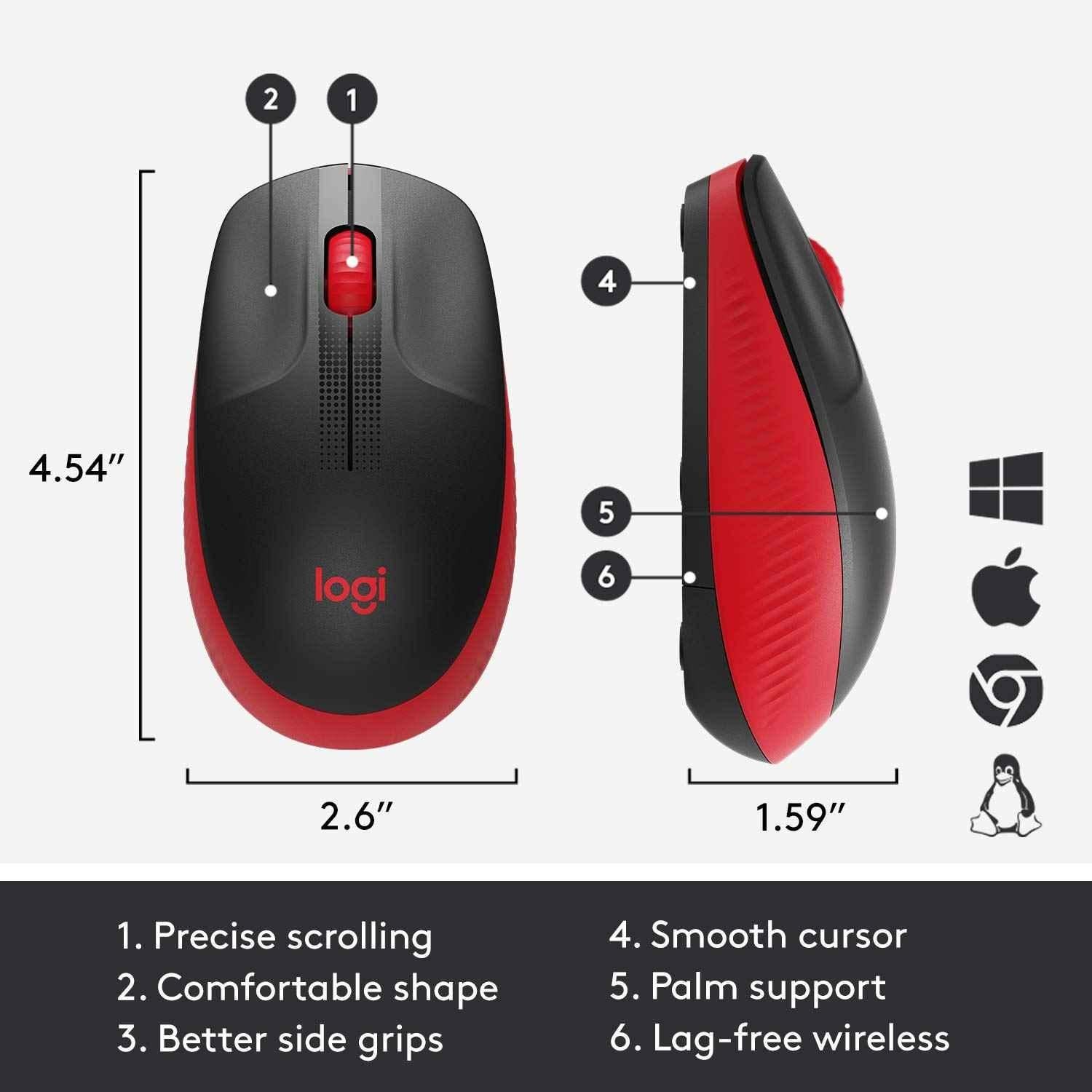 Logitech M190 Red Full Size Ambidextrous Curve Design Wireless Mouse with Power Saving Mode, USB Receiver, Wide Scroll Wheel & Scooped Buttons - view 4