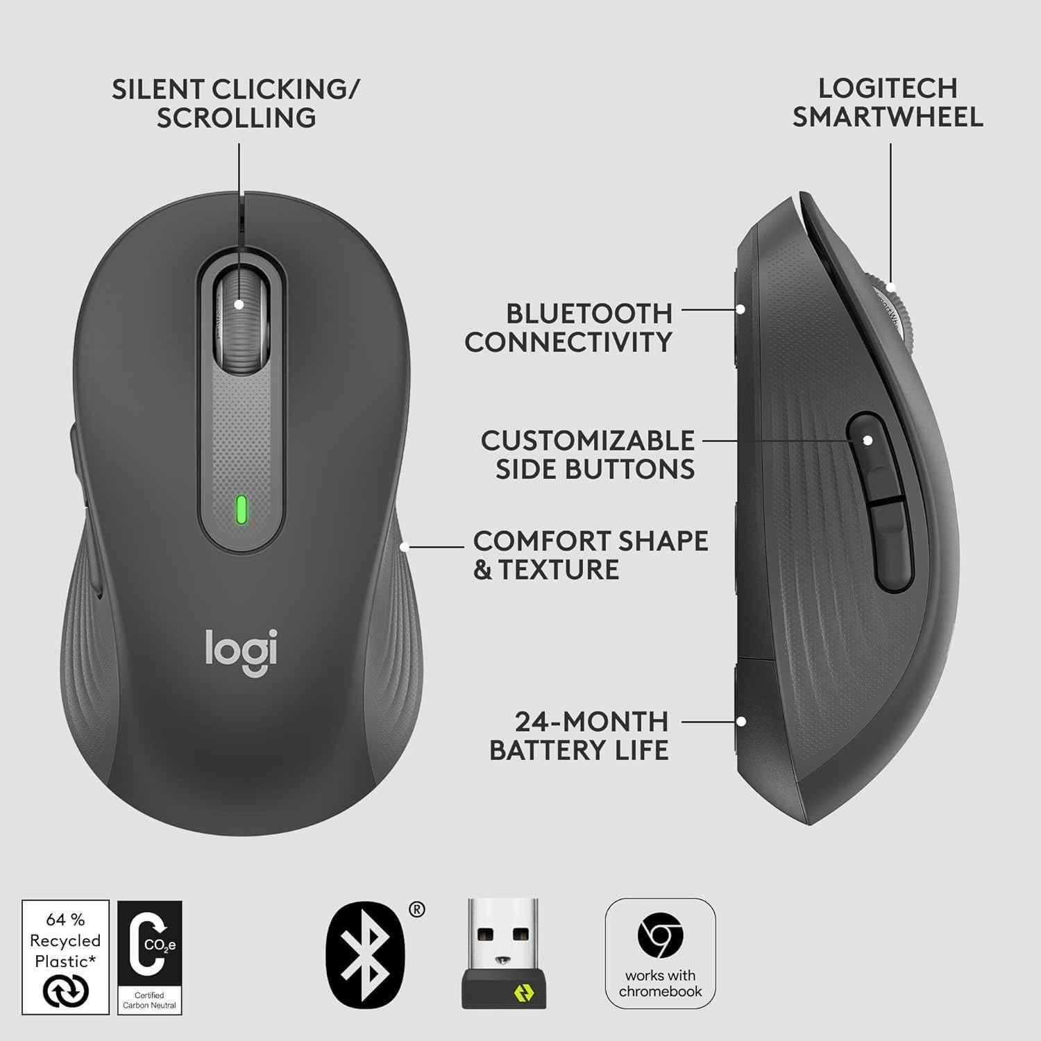 Logitech Signature M650 Graphite Wireless Mouse with Silent Clicks, Customisable Side Buttons & Bluetooth - view 3
