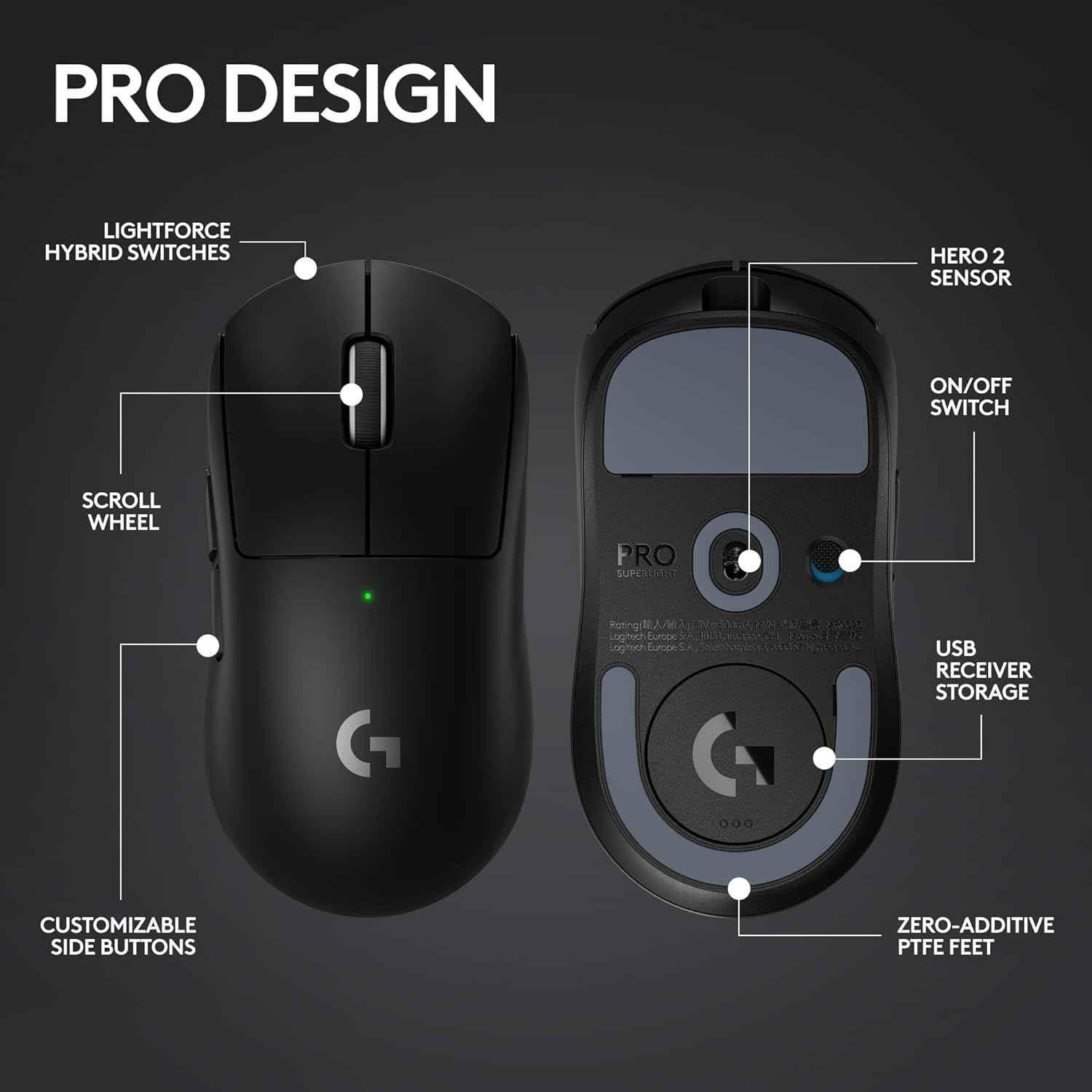 Logitech G Pro X Black Superlight 2 Lightspeed Wireless Gaming Mouse with Lightforce Hybrid Switches, Hero 2 Sensor, 5 Programmable Buttons & USB-C Charging - view 2