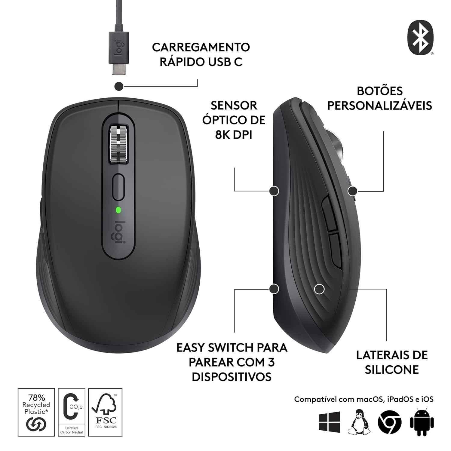Logitech MX Anywhere 3S Graphite Compact Wireless Mouse with Fast Scrolling, 8K Dpi Any-Surface Tracking, Quiet Clicks & Programmable Buttons - view 4