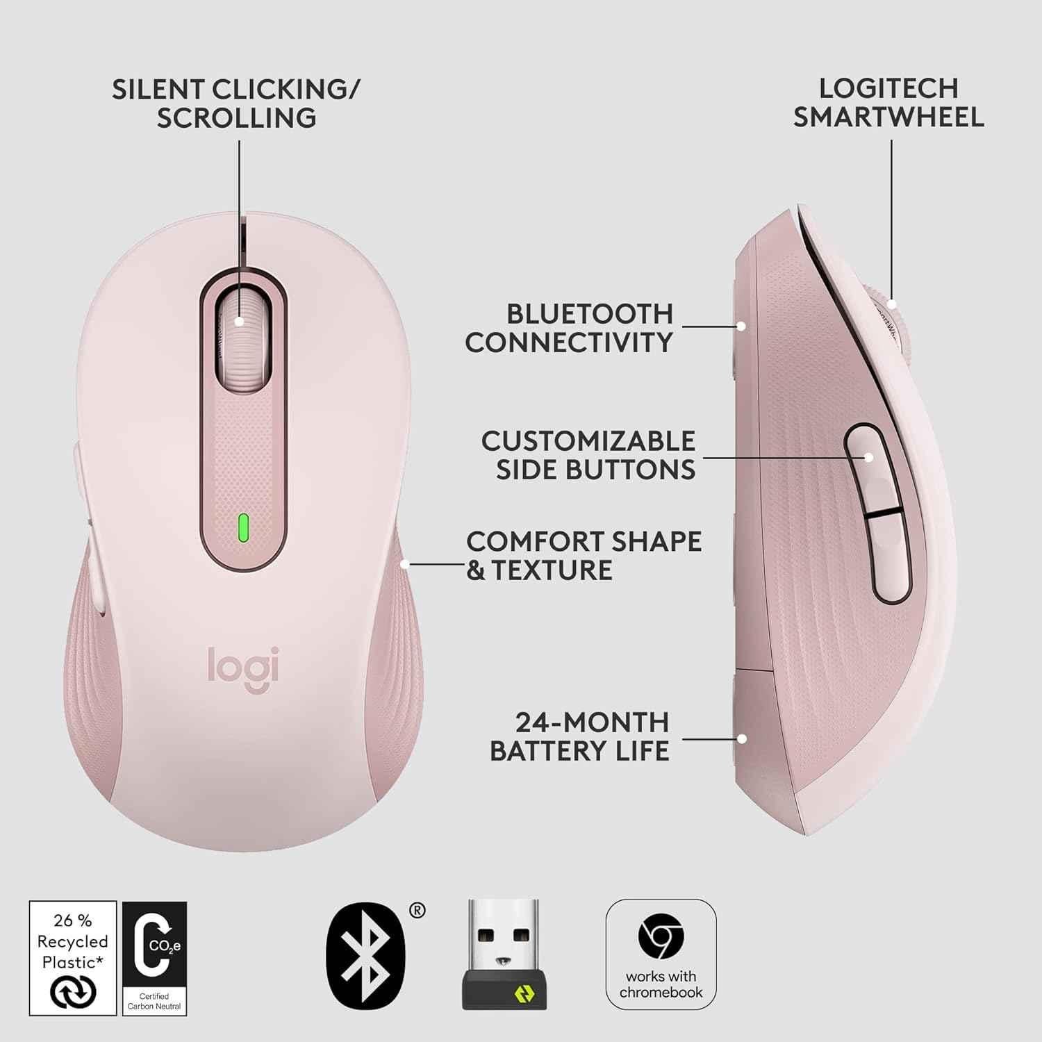 Logitech Signature M650 Rose Wireless Mouse with Silent Clicks, Customisable Side Buttons & Bluetooth - view 3