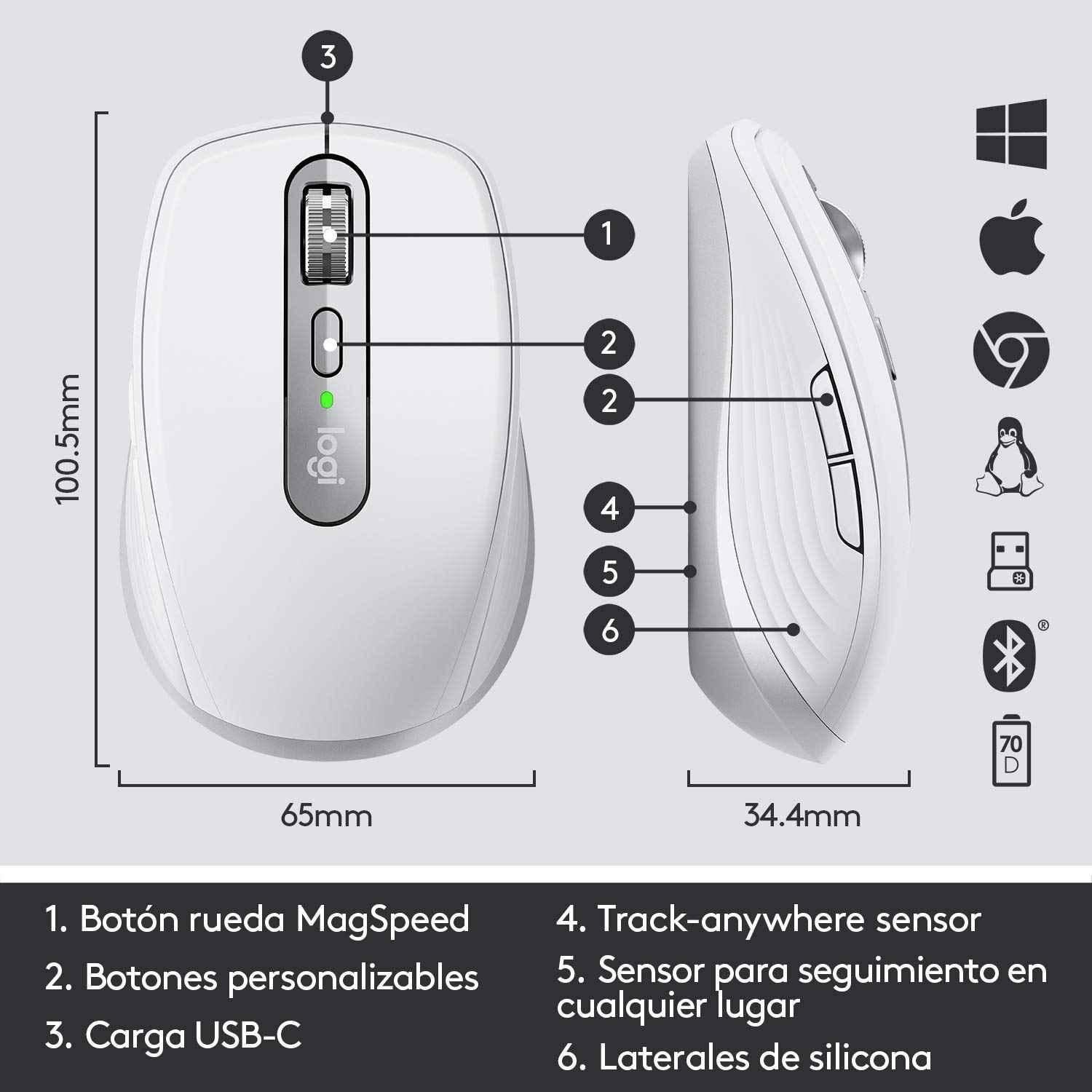 Logitech MX Anywhere 3 Pale Grey Compact Performance Wireless Mouse with Magnetic Scrolling, 4000 Dpi Sensor, Custom Buttons, USB-C & Bluetooth - view 5