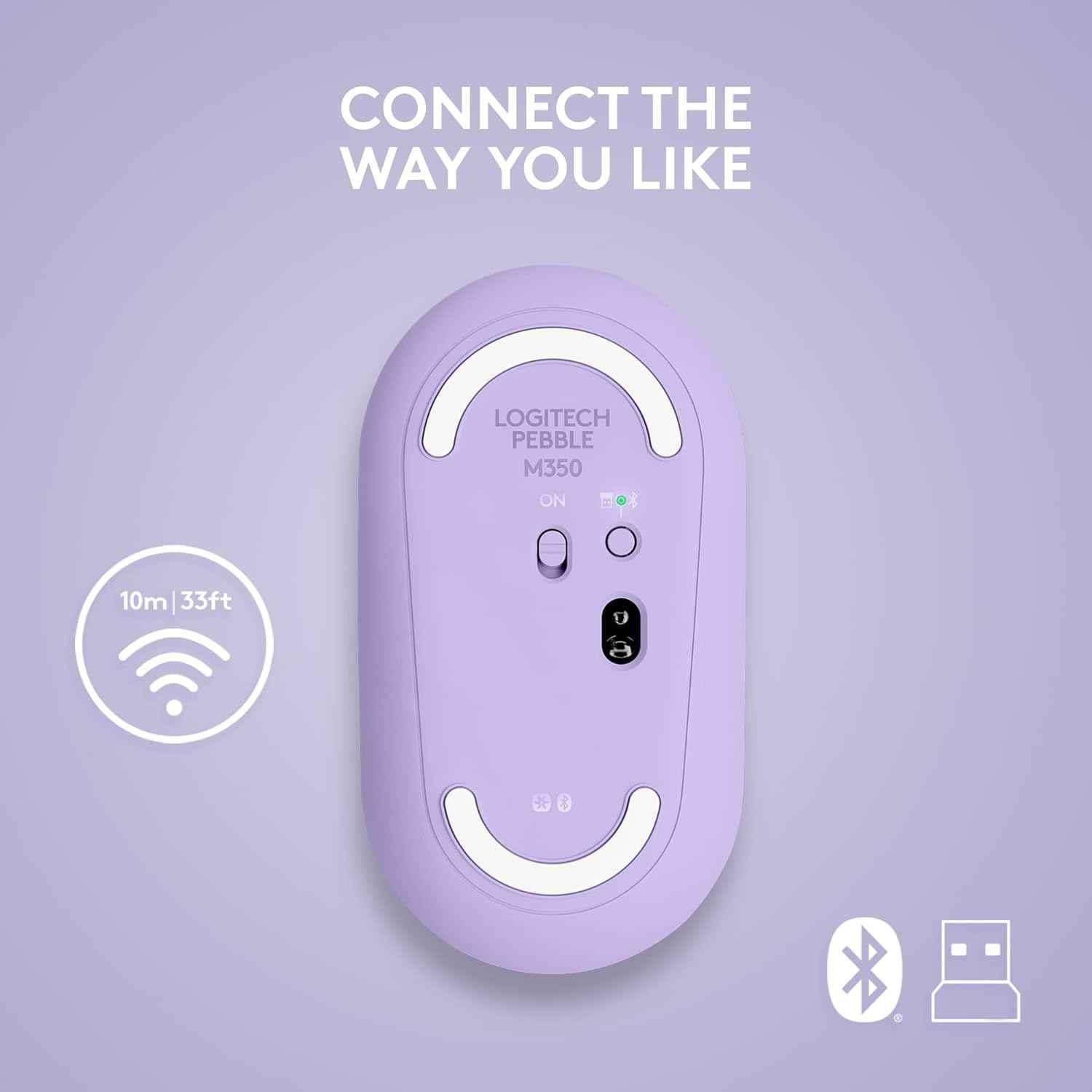 Logitech Pebble M350 Lavender Lemonade Slim Wireless Computer Mouse with Bluetooth or 2.4 GHz Receiver & Quiet Click - view 3