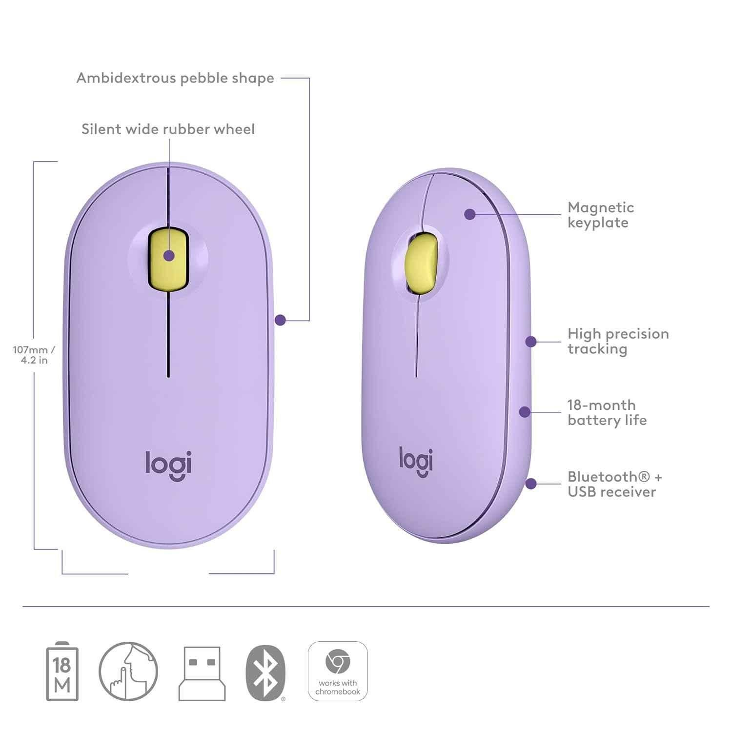 Logitech Pebble M350 Lavender Lemonade Slim Wireless Computer Mouse with Bluetooth or 2.4 GHz Receiver & Quiet Click - view 4