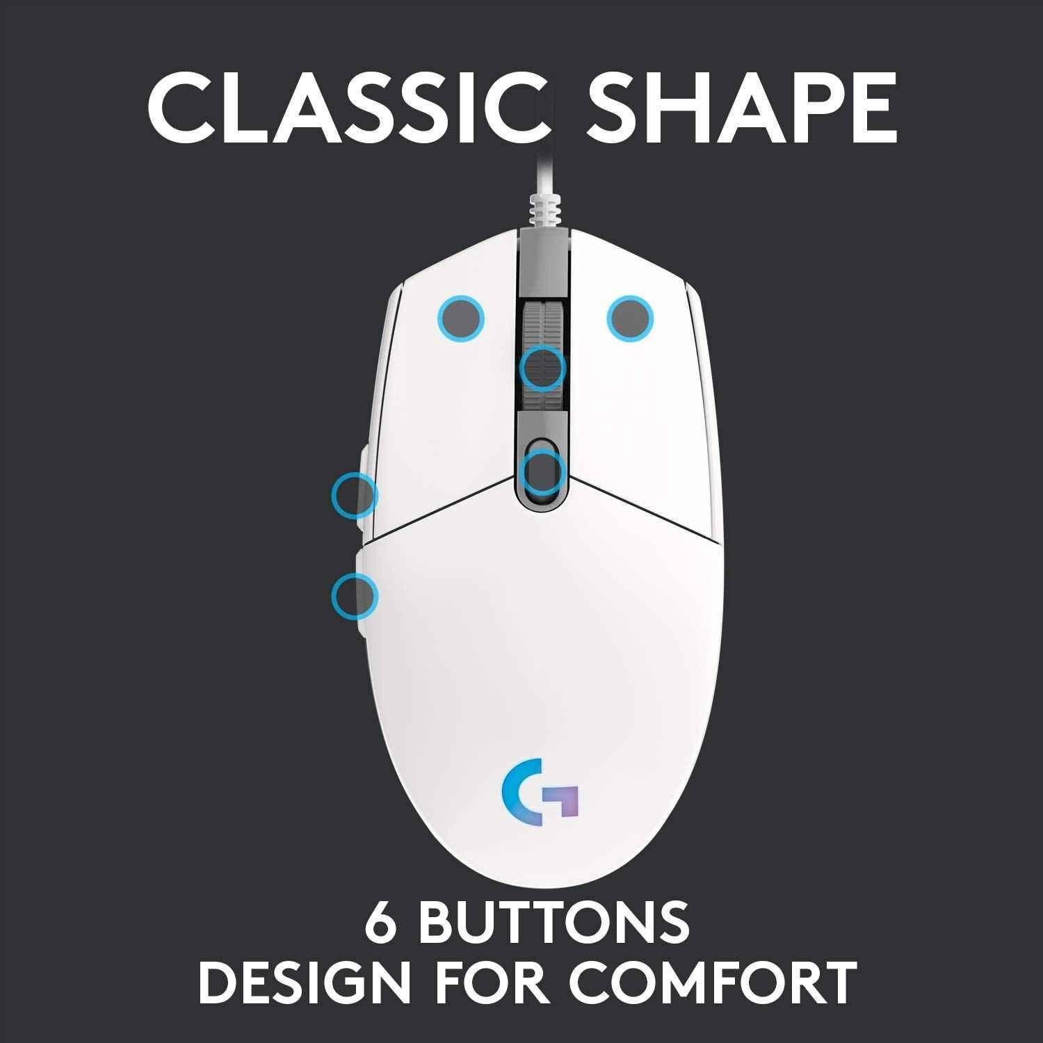 Logitech G203 White Rainbow Optical Effect Lightsync RGB Wired Gaming Mouse with 8000 Dpi, 6 Programmable Buttons, On-Board Memory & Screen Mapping
