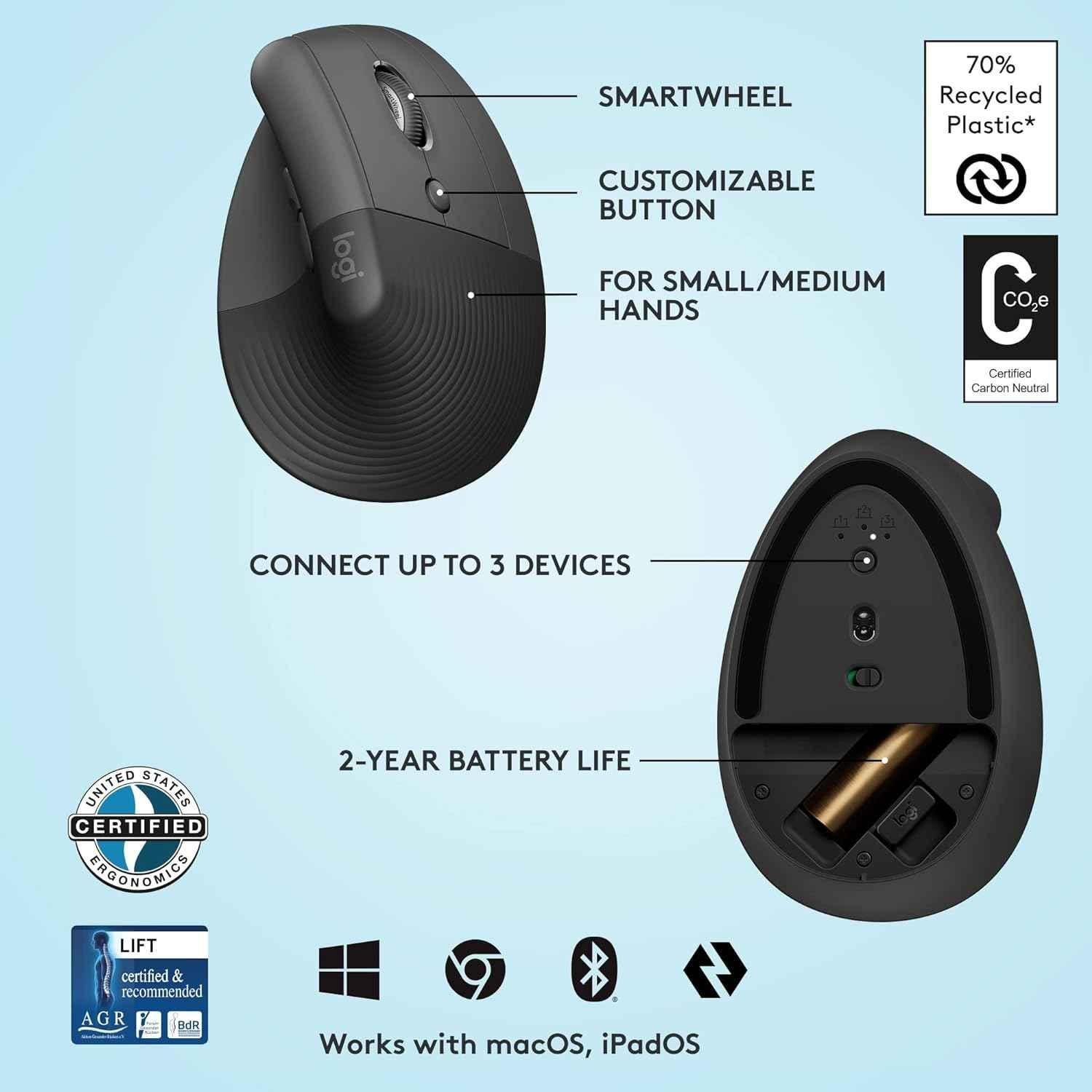 Logitech Lift Graphite Wireless Vertical Ergonomic Mouse with Bluetooth or Logi Bolt USB Receiver, Quiet Clicks & 4 Buttons - view 2
