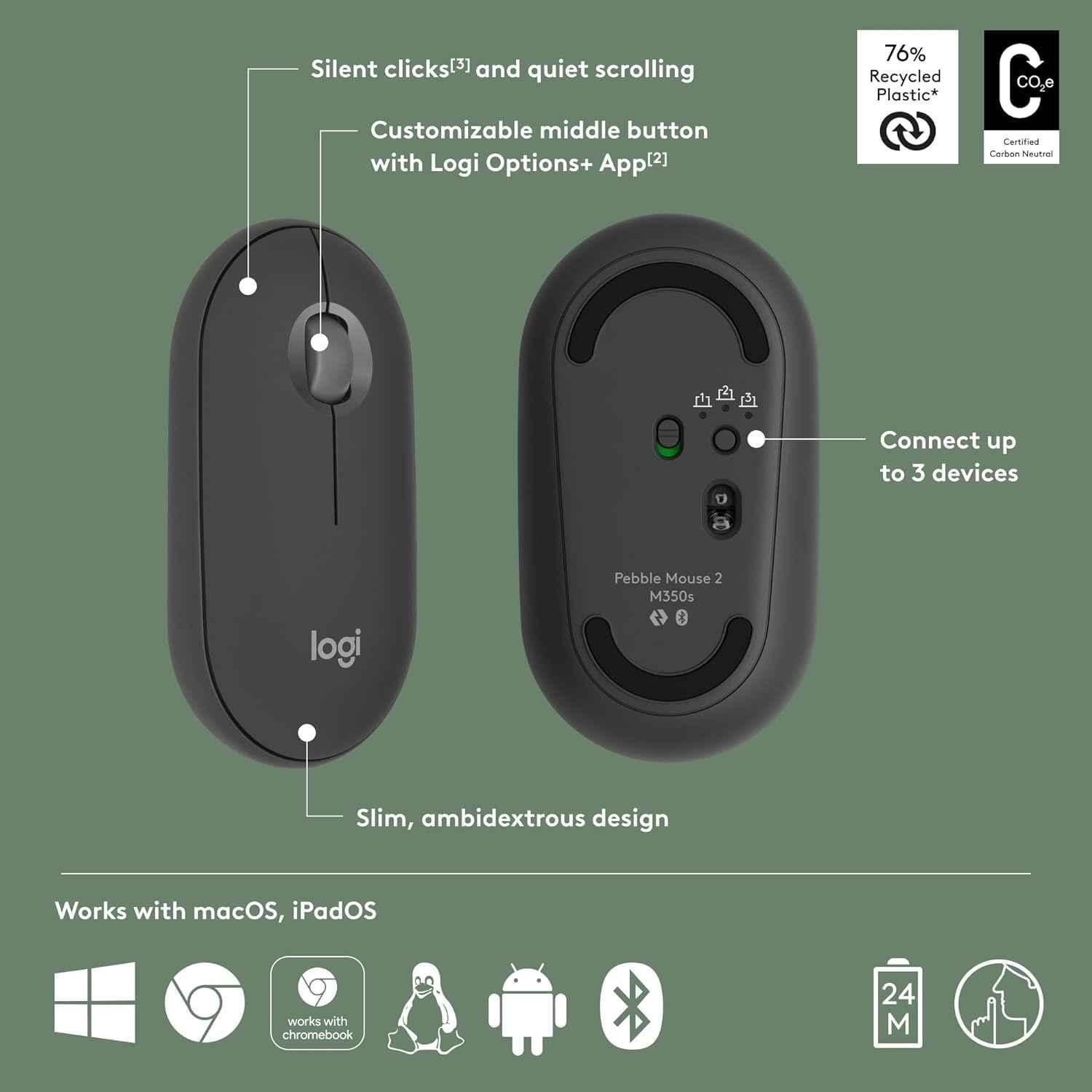 Logitech Pebble 2 M350s Tonal Graphite Slim Portable Bluetooth Wireless Mouse with Customisable Button, Quiet Clicks & Easy-Switch - view 5