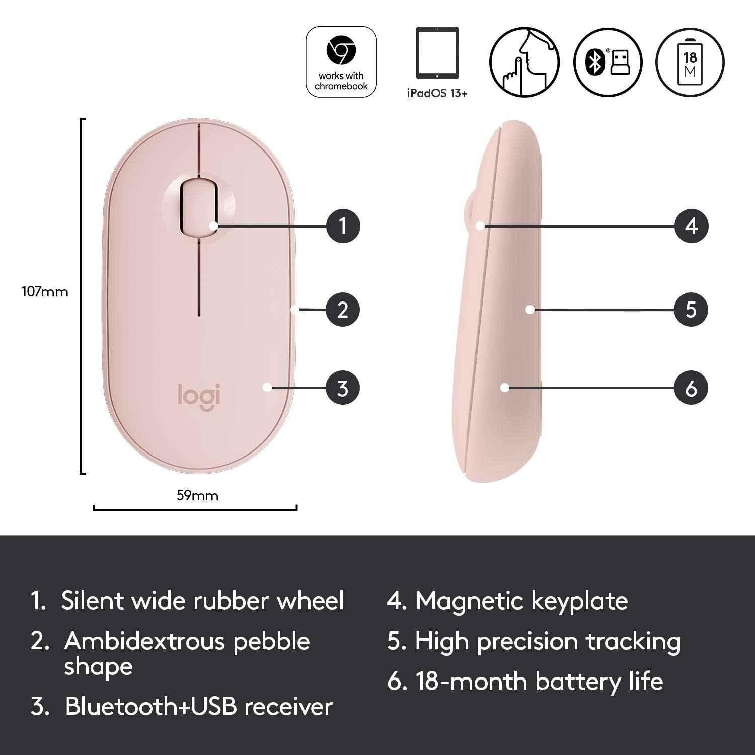 Logitech Pebble M350 Rose Slim Wireless Computer Mouse with Bluetooth or 2.4 GHz Receiver & Quiet Click - view 3