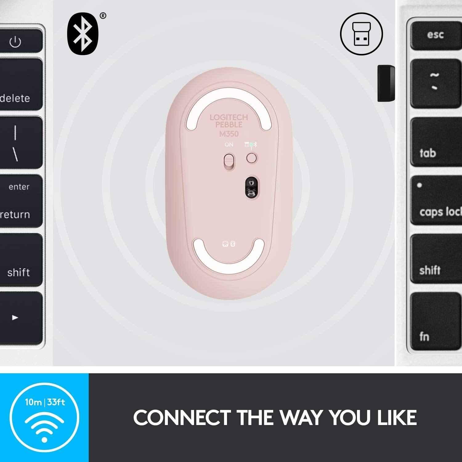 Logitech Pebble M350 Rose Slim Wireless Computer Mouse with Bluetooth or 2.4 GHz Receiver & Quiet Click - view 4