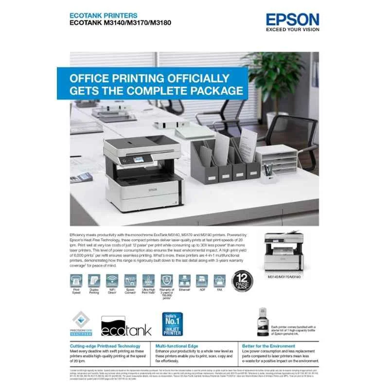 Epson EcoTank M3170 Wi-Fi Monochrome All-in-One Ink Tank Printer with ADF, Auto Duplex & 3-Year Warranty - view 2