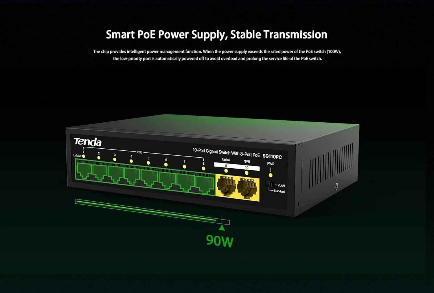 Tenda SG110PC 10 Port Black Gigabit Switch with 8 Port PoE - view 1