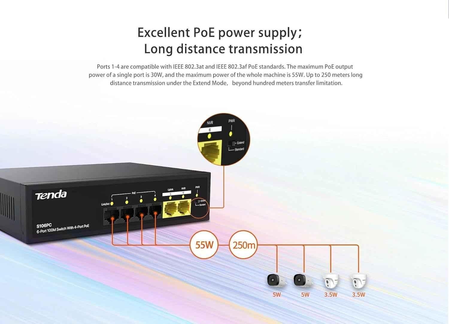 Tenda S106PC 6 Port Black 100M Switch with 4 Port PoE - view 2