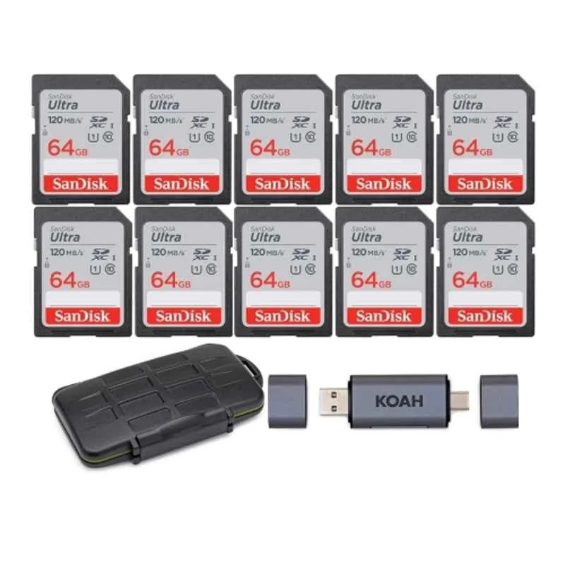 SanDisk Ultra 10 Pcs 64GB SDXC Class 10 Camera Memory Card, 1 Pc Koah Pro Storage Case & 1 Pc USB 3.1 SD Card Reader Set, SDSDUN4-064G_K2 - view 1