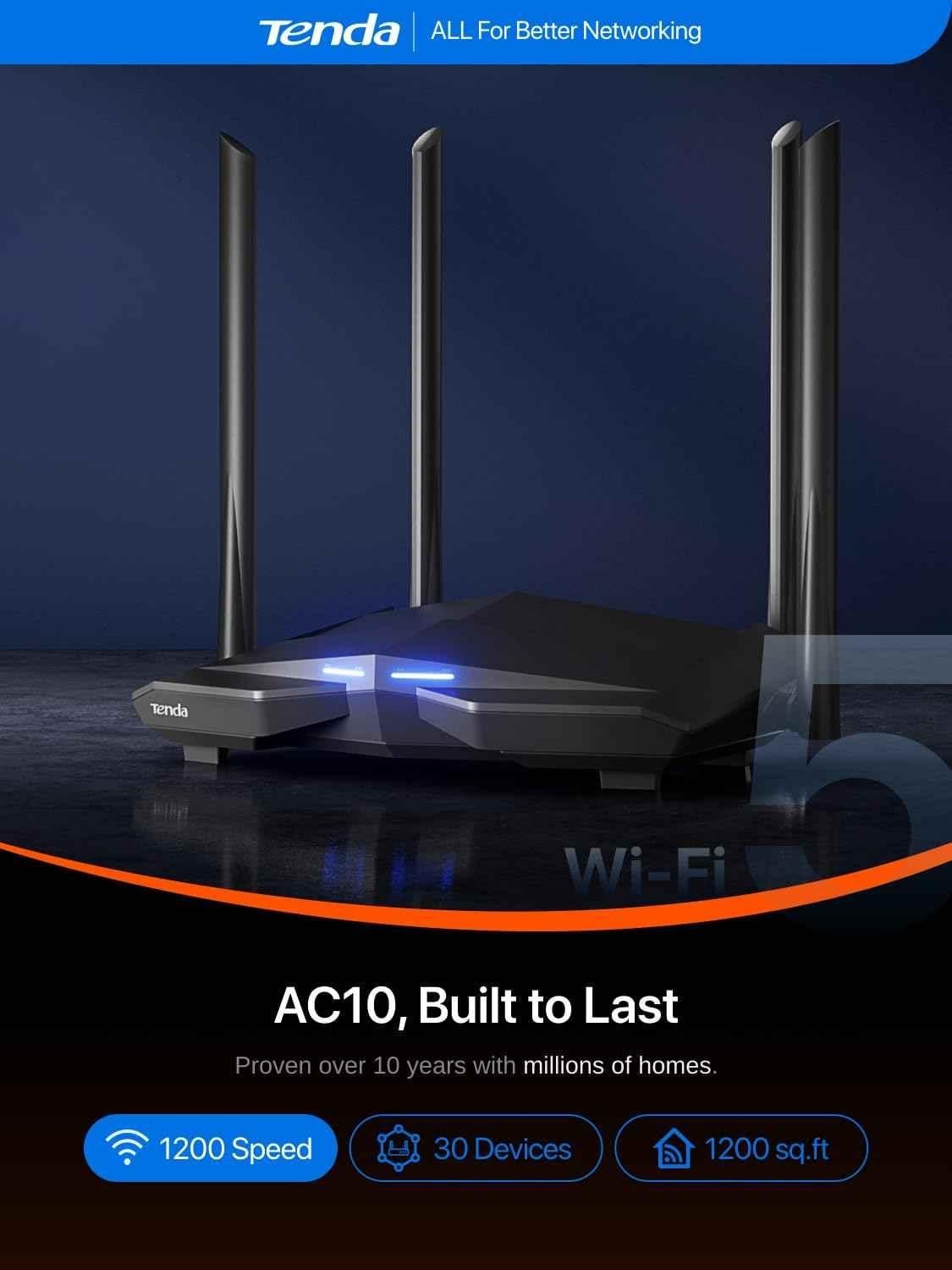 Tenda AC10 1200Mbps Black Wireless Smart Dual-Band Gigabit Wi-Fi Router with MU-MIMO, 4 Gigabit Ports, Support VPN Server & Wi-Fi Schedule, AC1200 - view 2