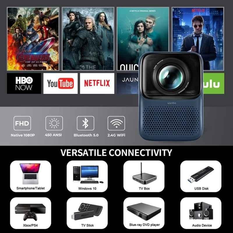 WANBO T2 Max 450 ANSI Lumens Portable Android Projector, Native 1080p FHD, 4K HDR, Wi-Fi + Bluetooth, Closed Engine, Preload Apps, 2 Built-in Speakers - view 1
