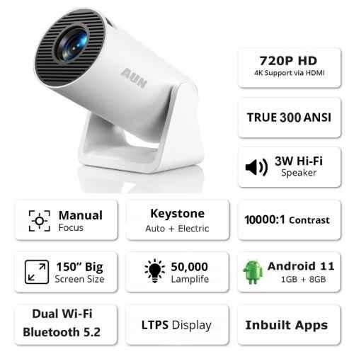 AUN Free Style 720p Native Resolution Projector for home 4K Support, Android 11, 3500 Lumen (300 ANSI) 5G WiFi Bluetooth Inbuilt Netflix PrimeVideo Hotstar 3W Speaker HDMI USB 150" Max Display (White) - view 2