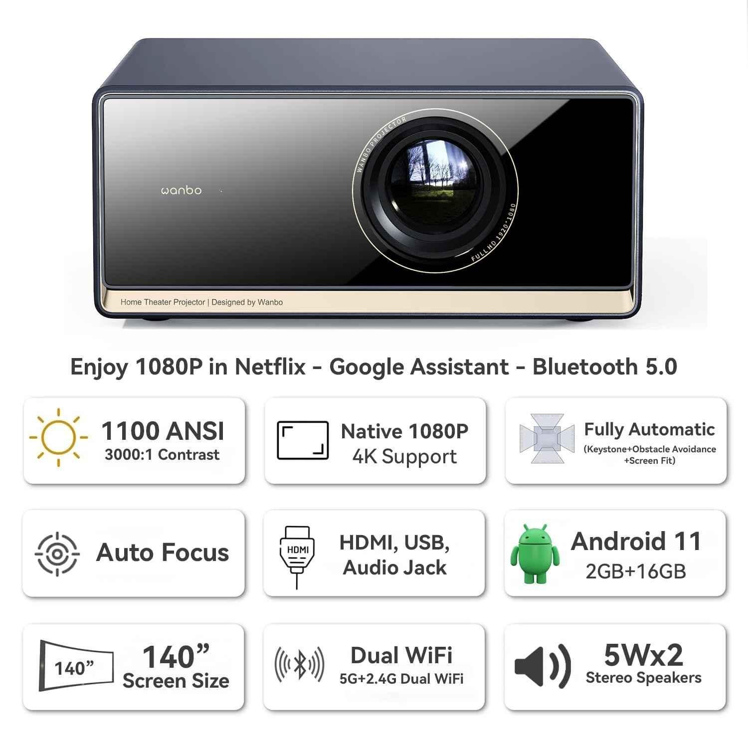 WANBO X5 Pro 20000 Lumens Android TV 11 Projector, Native FHD 1080p, 4K Support, Google Assistant, Chromecast, Auto Focus + OA, Dual Speaker, Wi-Fi, BT - view 1