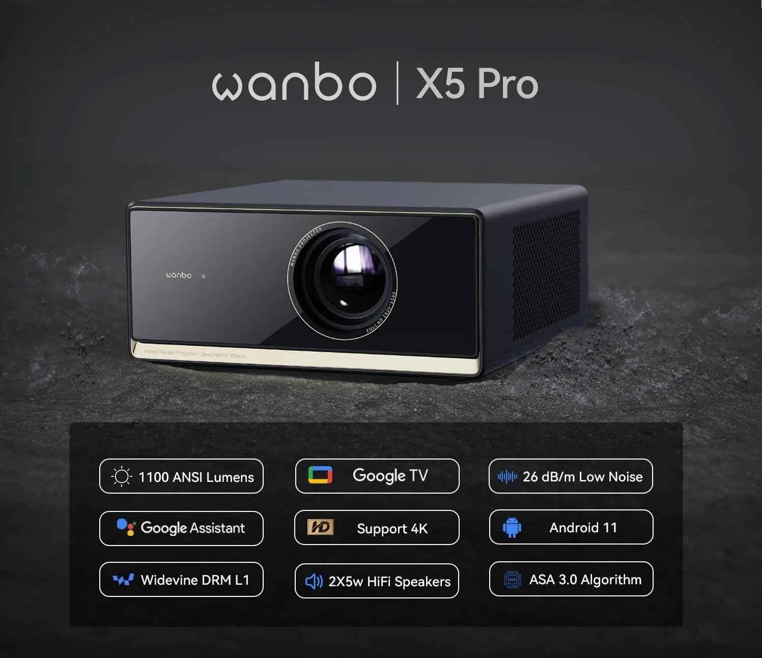 WANBO X5 Pro 20000 Lumens Android TV 11 Projector, Native FHD 1080p, 4K Support, Google Assistant, Chromecast, Auto Focus + OA, Dual Speaker, Wi-Fi, BT - view 2