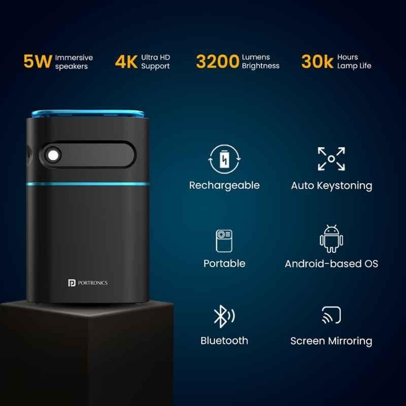 Portronics Pico 12 3200lm Android11 Portable DLP Projector 4K UHD Support, Rechargable Battery, Auto Focus, 5W Speaker, 120 inch Display, POR 1944 - view 3
