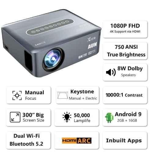 AUN X1 1080p Native Resolution Projector for Home 4K 8000 Lumen (750 ANSI) Android Certified 5G WiFi Bluetooth Inbuilt Netflix PrimeVideo Hotstar Dolby 8W Speaker HDMI ARC USB 300" Max Display - view 4