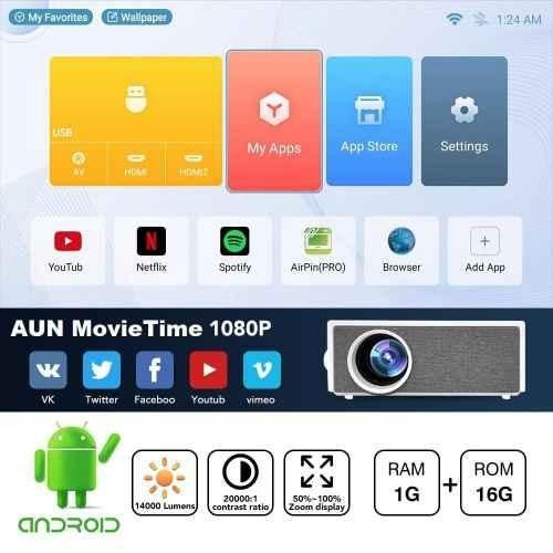 AUN MovieTime 1080p Native Resolution Projector for Home 4K Support, HDMI ARC, Android 9, 15000 Lumen (1400 ANSI) 5G WiFi 6 Bluetooth Inbuilt Netflix PrimeVideo Hotstar 10W Speaker 300" Max Display - view 1