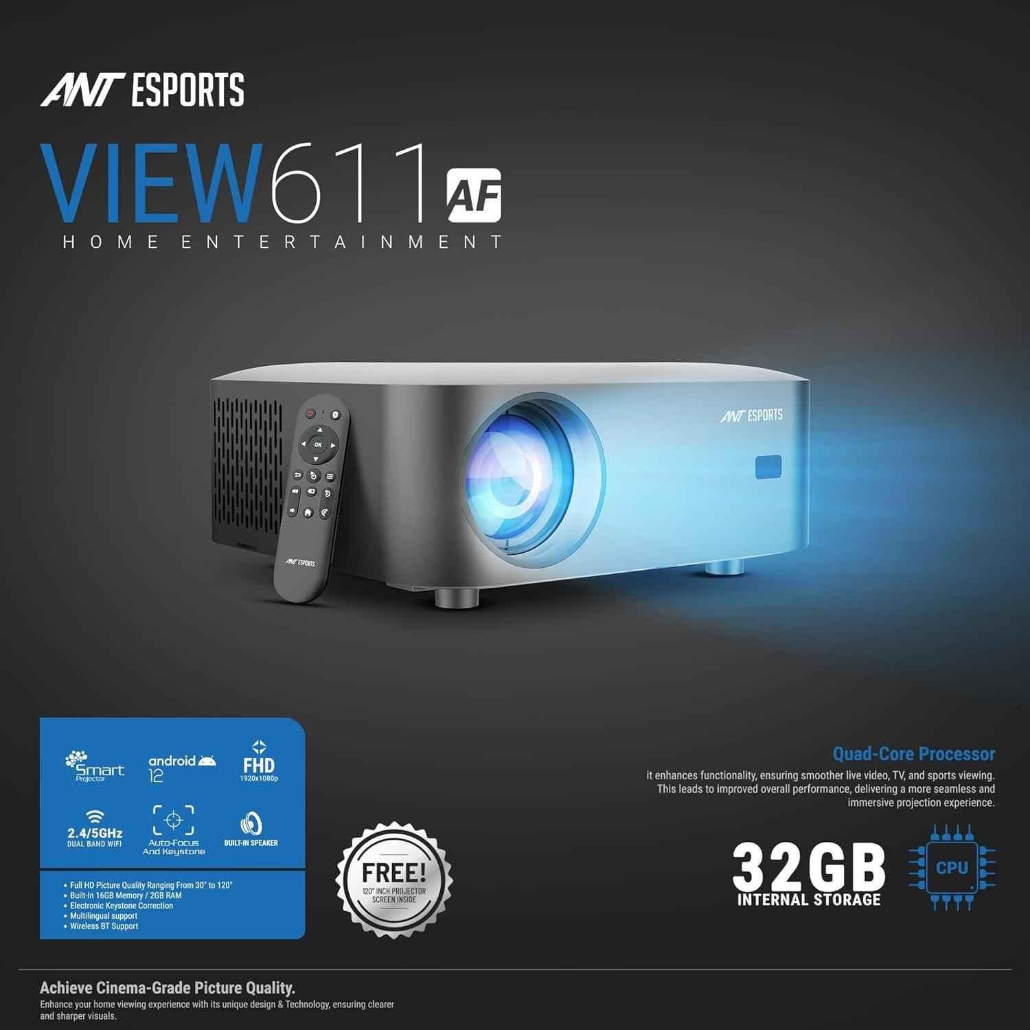 Ant Esports View 611 AF 120 inch 4000lm 1080P Smart LED Projector with Auto-Focus, 4K Support, Wi-Fi & BT, Android 12, Built-in OTTs & Speaker - view 3