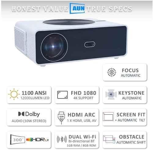 AUN Q10 Max 1080p Native Resolution Projector for Home 4K True, 12000 Lumen (1100 ANSI) Auto (Focus+Keystone+Screen Fit) Android 12, 3GB RAM, 64GB HDMI ARC, WiFi6, BT 5.2, Dolby 10W Speaker 300" Max - view 2