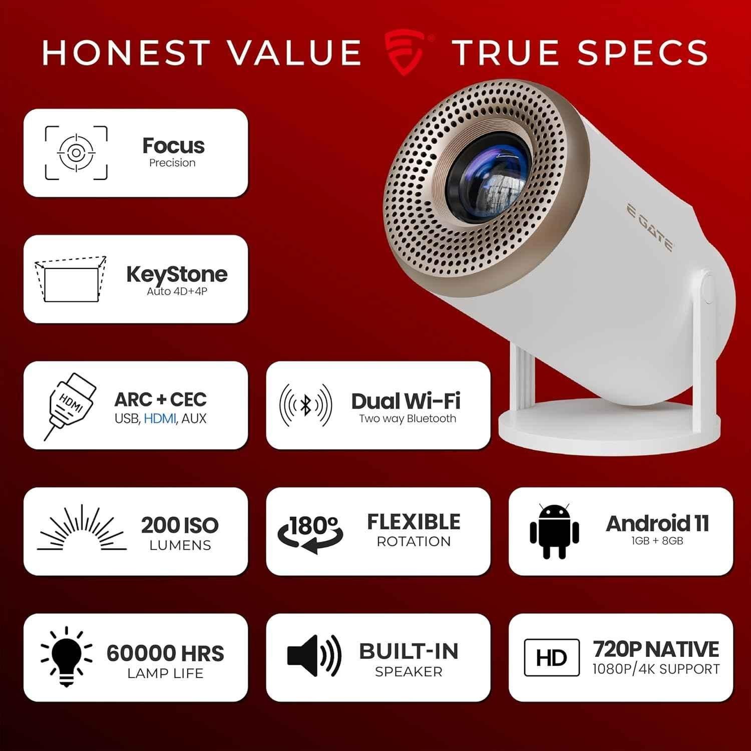 E Gate Atom 2X+ 180 inch 1080p 4K Ultra HD Smart Projector with Built-in Live TV & Auto Keystone - view 1