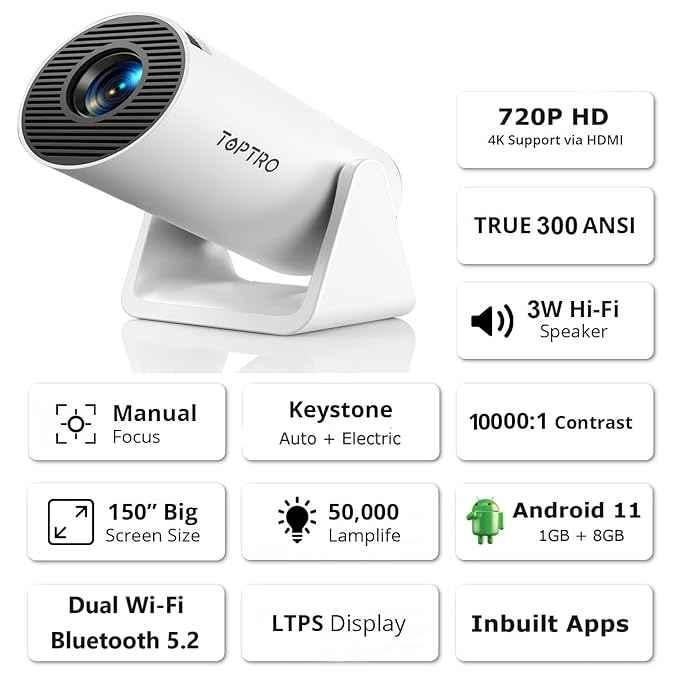 Toptro Free Style 720p 4K 3500lm Projector with Android 11, Wi-Fi, Bluetooth, Inbuilt Netflix, Prime Video, Hotstar & 3W Speaker - view 1