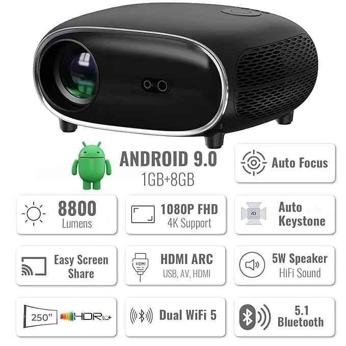 Toptro SmartPix 1080p 4K HDR 8800lm Full HD Android Projector with HDMI ARC, Dual Wi-Fi & BT, YouTube, Netflix & Prime for Home - view 1