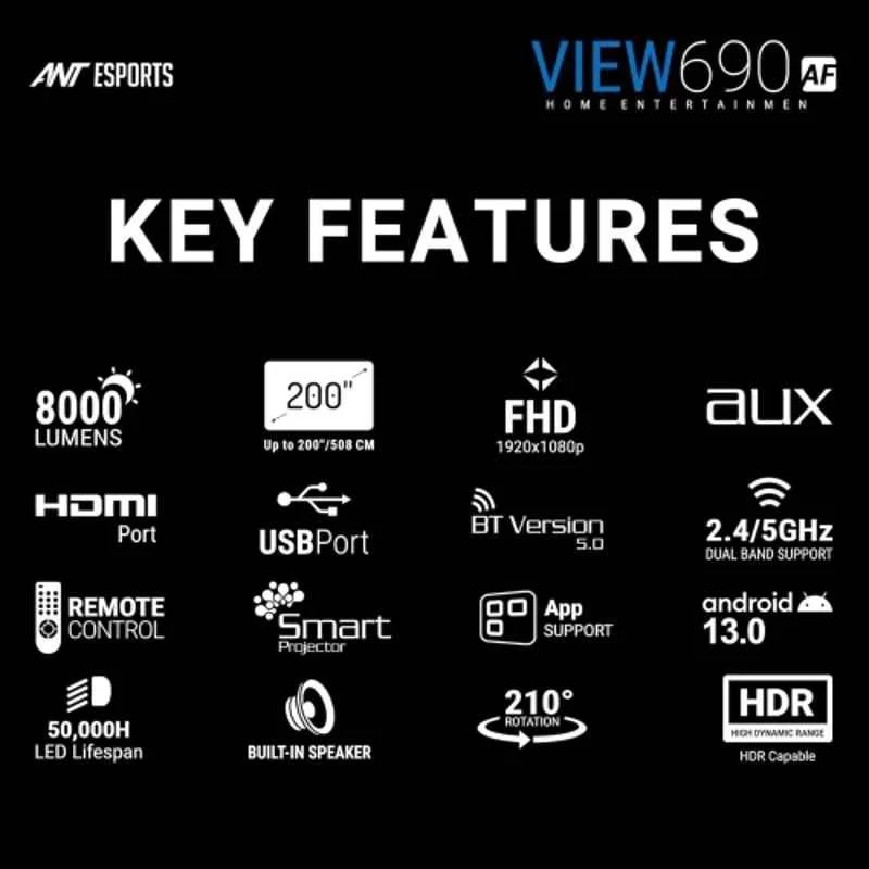 Ant Esports View 690 AF 200 inch 8000lm 1080p Home Projector with 4K Decoding, Android 13, Wi-Fi, Auto Focus, OTT APPs Portable Home Cinema & Voice Remote - view 1