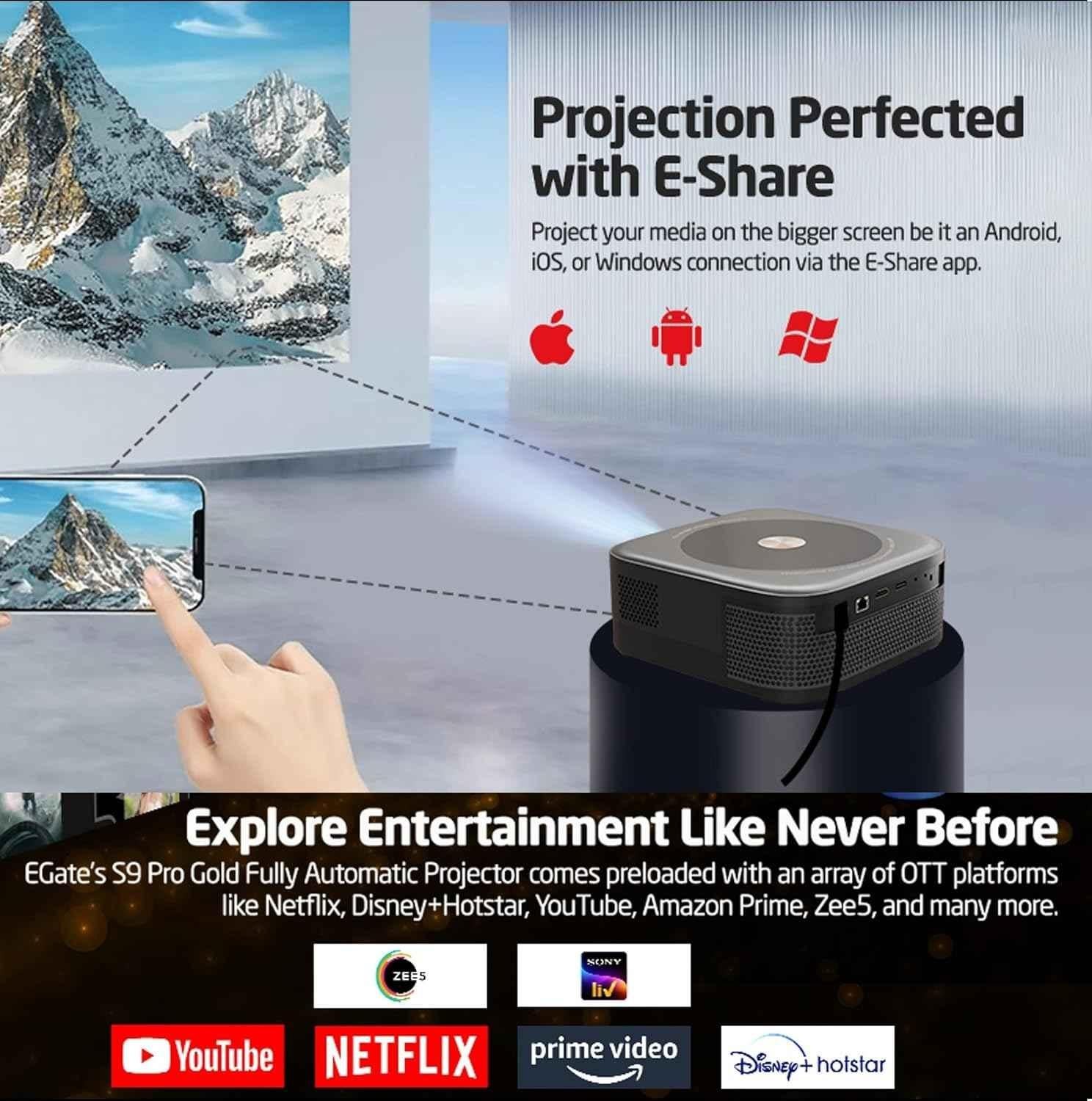 E Gate Duster 8X 17500 Lumen Android Projector, 1080p Native & 4K Ultra HDR, 18W Speaker DSP Audio, Voice Remote, Dust Proof, E Share, Netflix & more - view 2