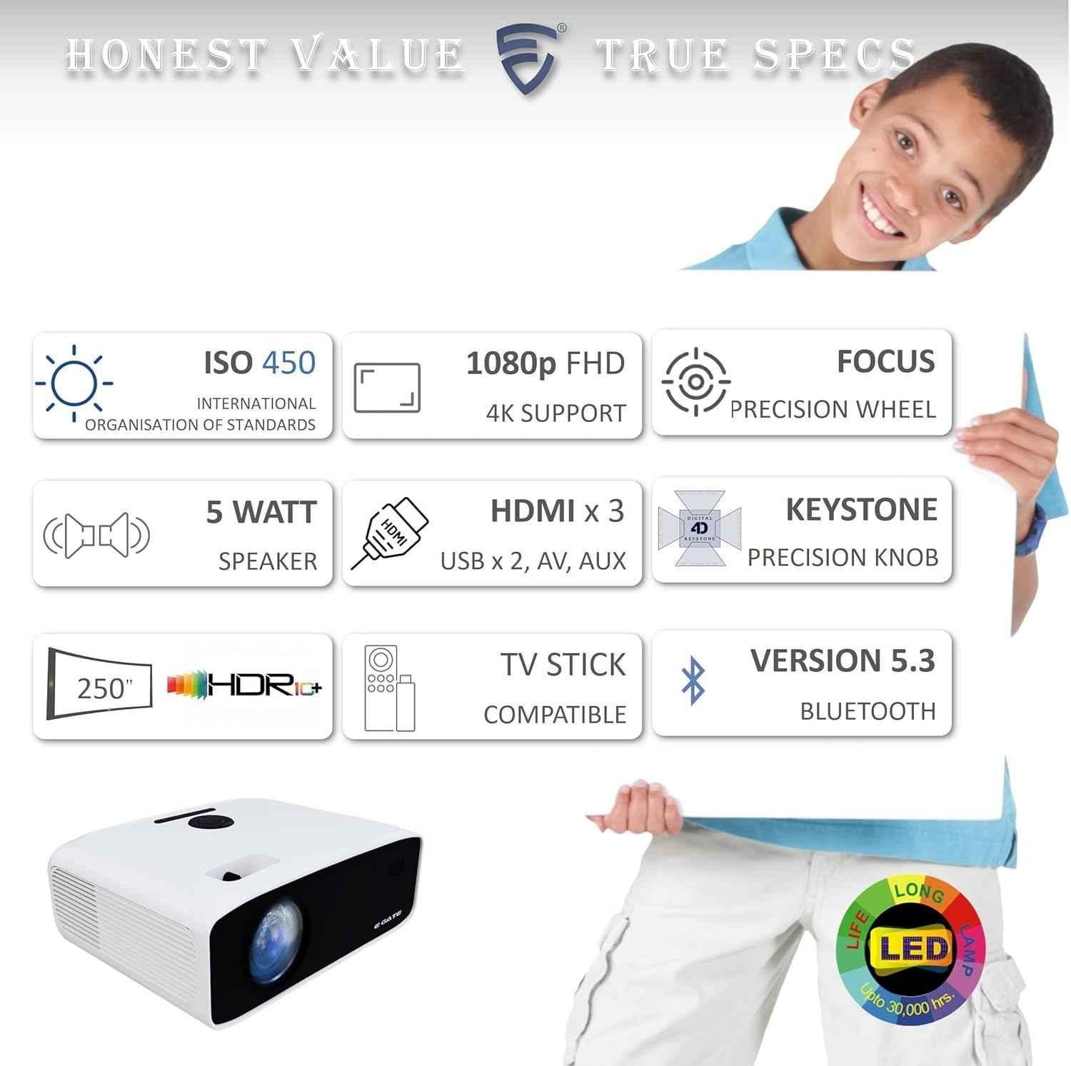 E Gate New K9 Pro 13500lm Bluetooth Home Projector, 4K Support, 635cm Max Screen, 5W Inbuilt Speaker, Brightest in Segment, 3 HDMI, 2 USB (White) - view 1