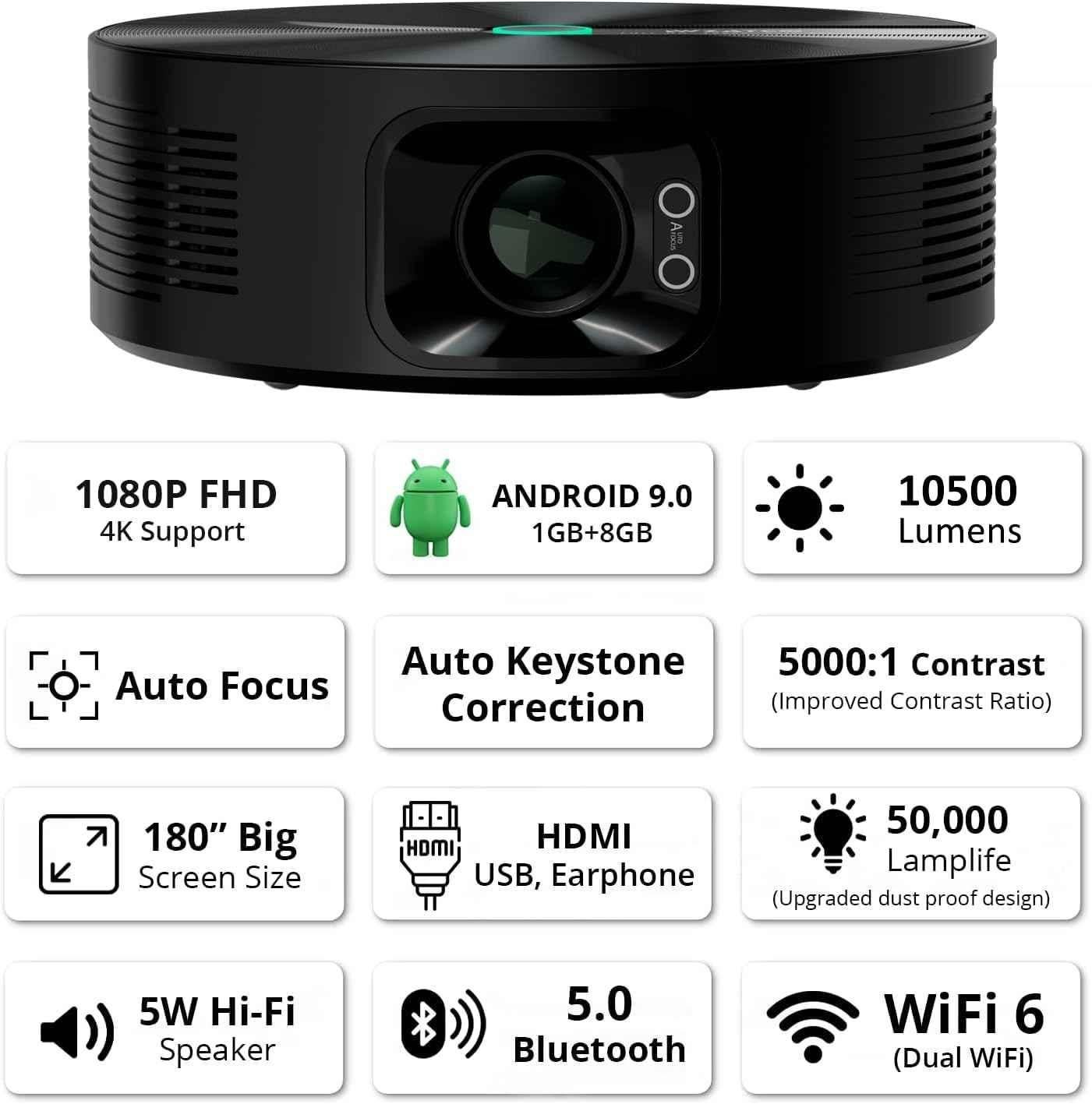 WZATCO Yuva Aura 10500 Lumens Projector Native 1080P, 4K Support, Android 9 with Netflix, Prime etc, Dust Proof, WiFi 6 & BT, 180" Screen, Auto Focus - view 2