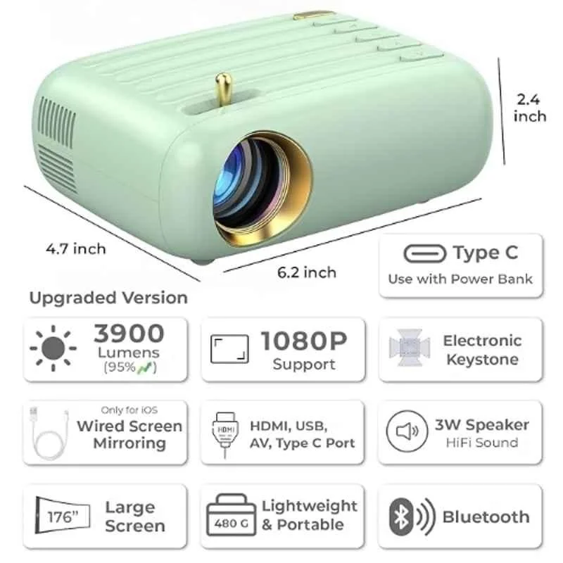 WZATCO Pixel Plus 3900 Lumens Portable Bluetooth Projector, Native 720p FHD, 1080P Support, Screen Mirroring, Electronic Keystone, 176" Screen - view 2