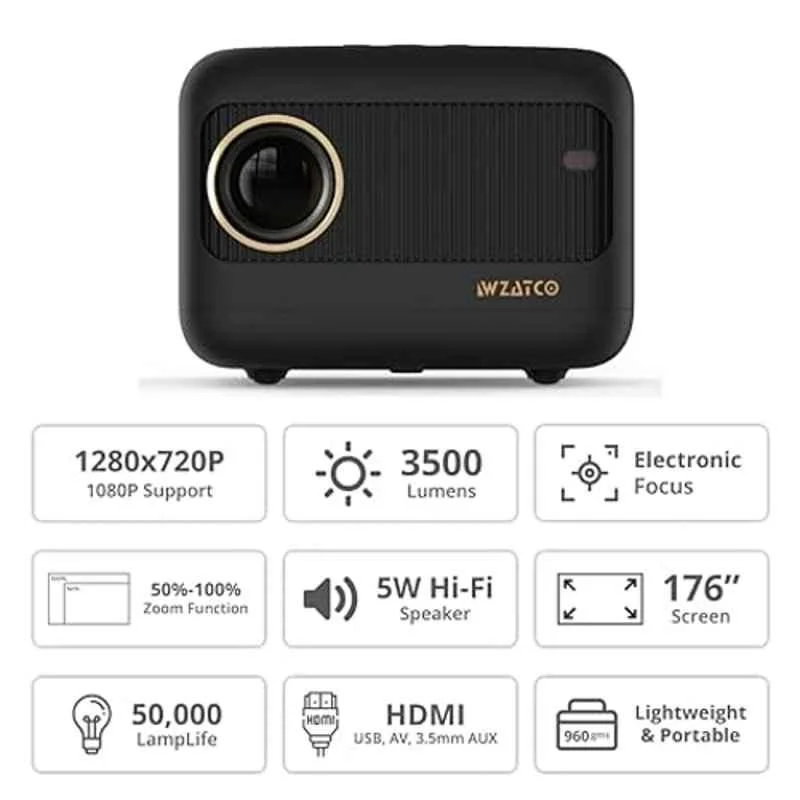 WZATCO Eve 3500 lumens Portable Projector 1080P FHD Support, Bluetooth 5.0, 5W HiFi Speaker, 176" Screen, 4K TV Stick Compatible, Electronic Focus - view 3