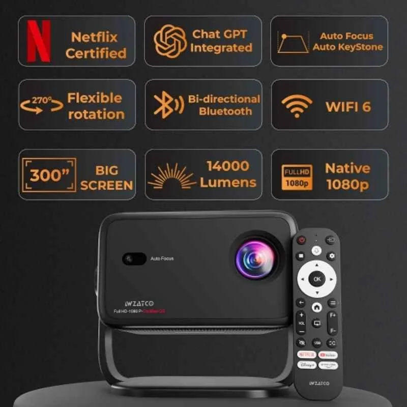 WZATCO Yuva Vibe 14000 Lumens Andoid Projector 4K Ultra HD, Native 1080p, Netflix Certified, HDMI ARC, Wi-Fi 6 BT, Screen Mirroring, 270 deg Rotate, Black - view 2