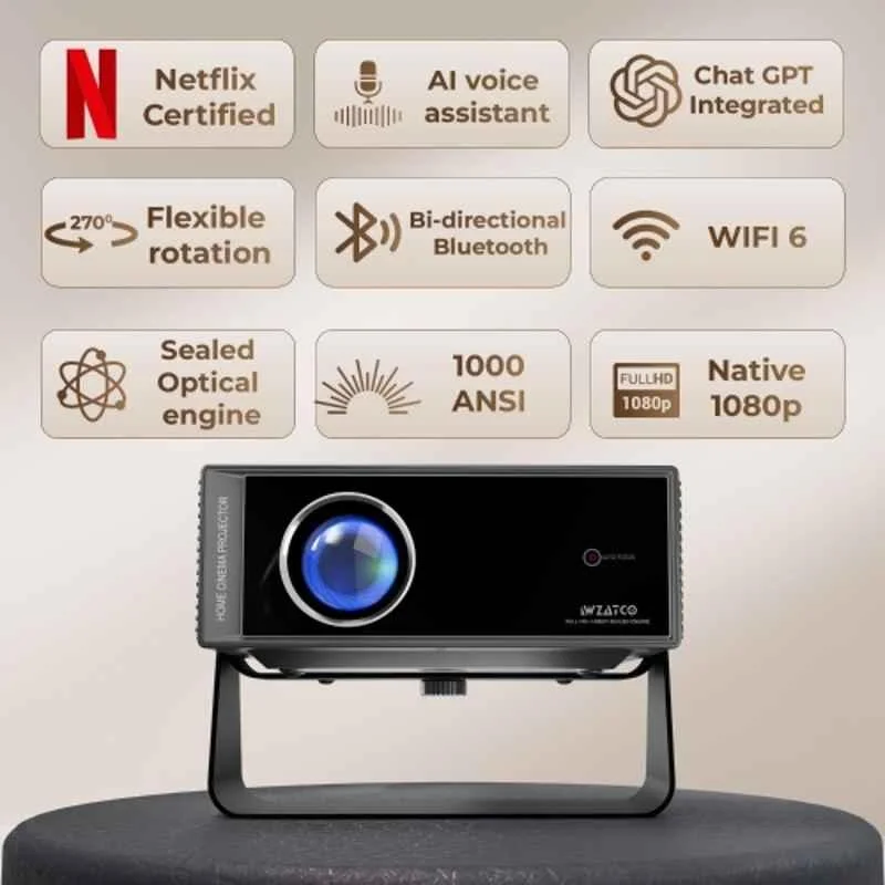 WZATCO Yuva Blaze Plus 1000 ANSI Android Projector, 4K Ultra HD, Native 1080p, Netflix Certified, AI Remote, Wi-Fi 6, BT, Screen Mirroring, 270 deg Rotate - view 6
