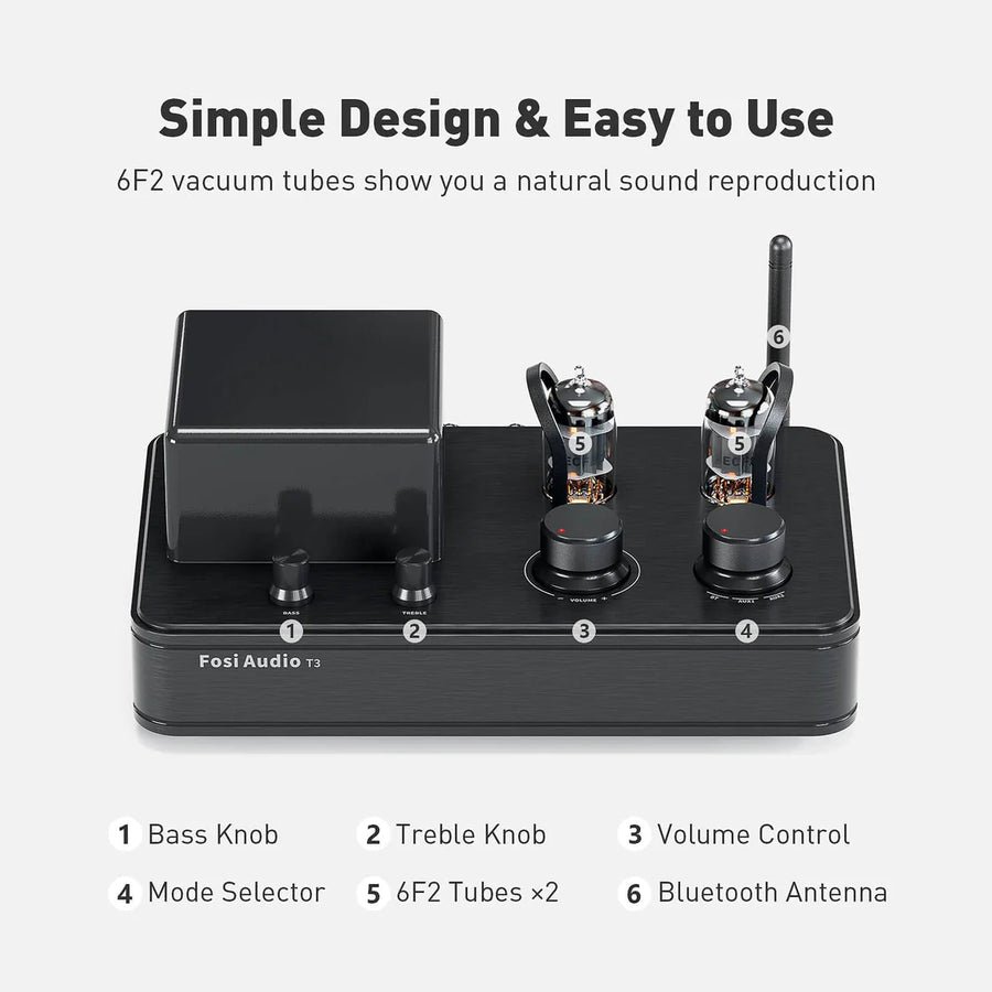 Fosi Audio T3 - 2.1 Channel Hybrid Stereo Tube Amplifier Class AB With Sub Out & Bluetooth (50 Watts RMS) - view 1