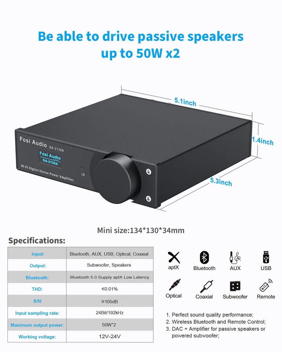 Fosi Audio DA2120A - 2 Channel Integrated Stereo Amplifier with DAC SPDIF & Bluetooth - view 3