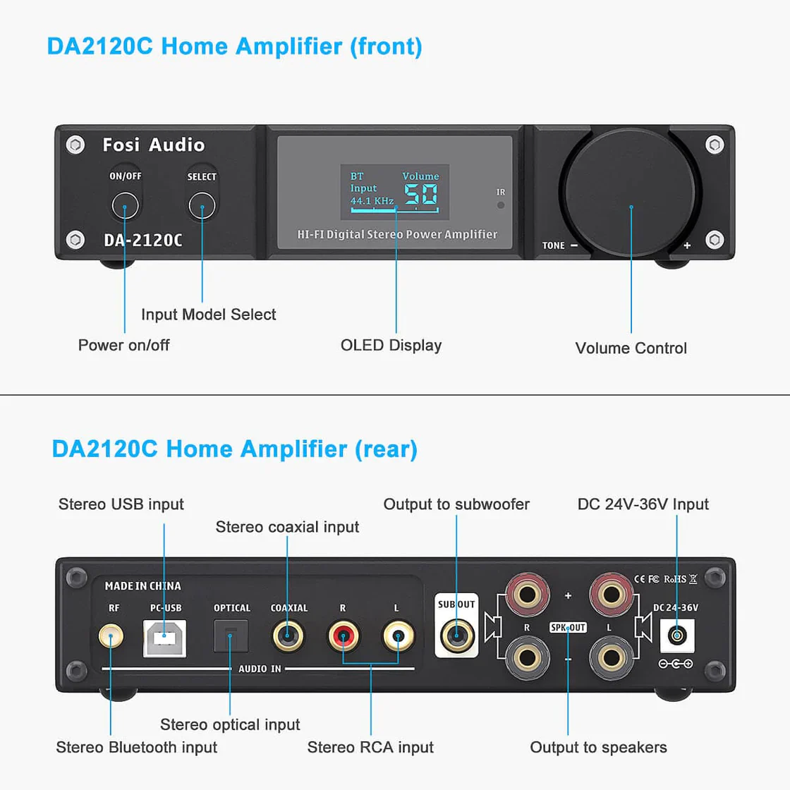 Fosi Audio DA2120C - 2.1 Channel Integrated Stereo Amplifier with DAC SPDIF & Bluetooth (240 Watts) - view 3