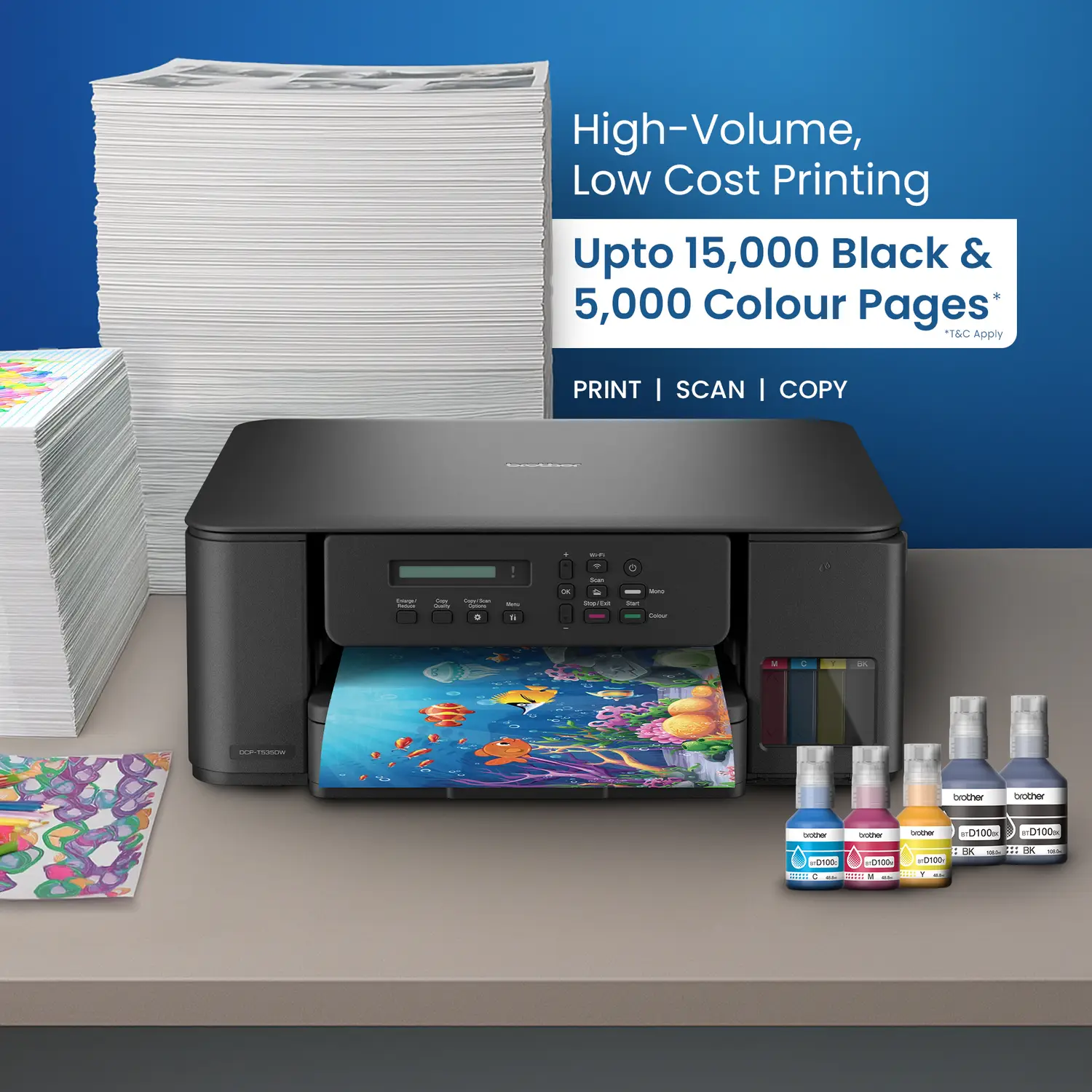 brother DCP-T535DW Multi-function WiFi Color Ink Tank Printer (Borderless Printing) for Print/Copy/Scan with 128MB Memory, Print Pages Upto 15K in Black & 5K in Color Each (CMY), Auto Duplex 2-Sided Printer - view 1