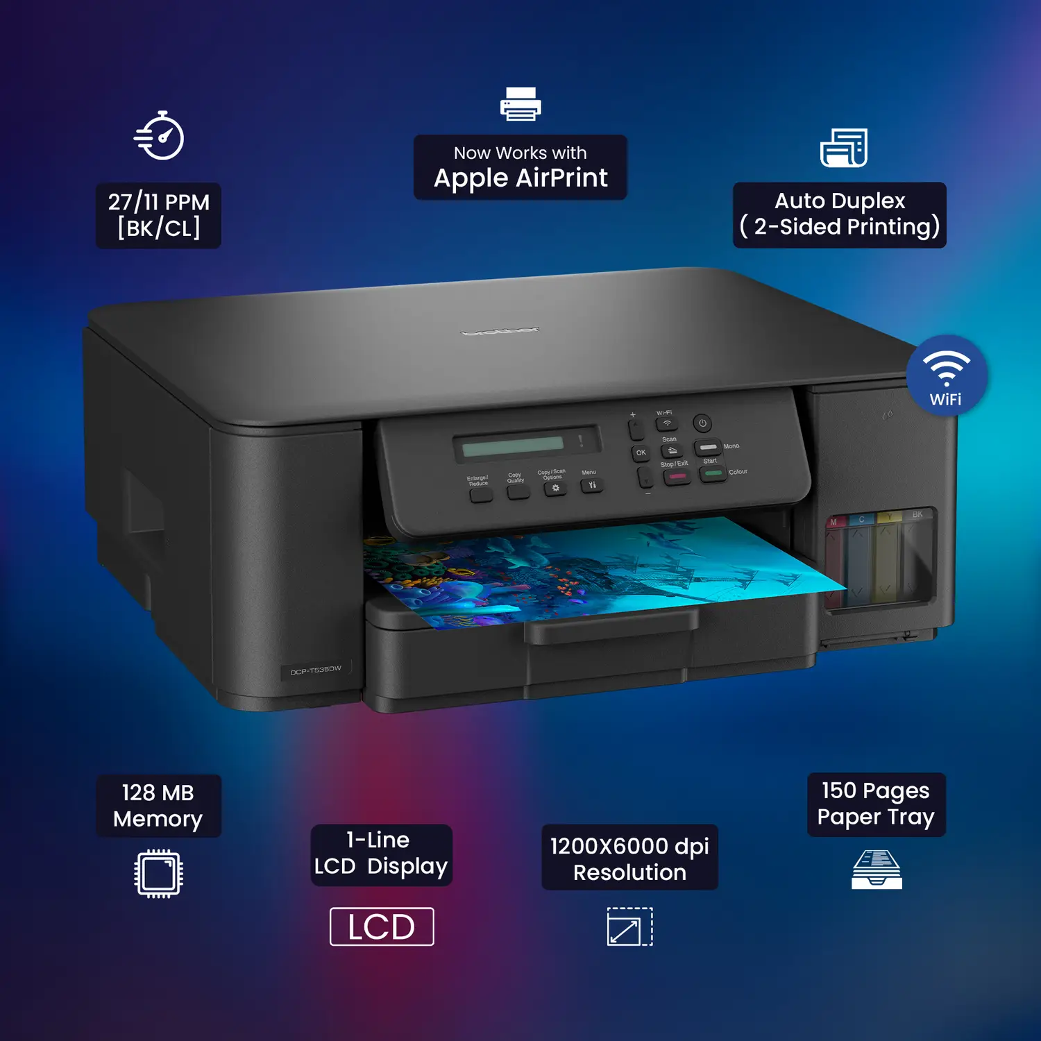 brother DCP-T535DW Multi-function WiFi Color Ink Tank Printer (Borderless Printing) for Print/Copy/Scan with 128MB Memory, Print Pages Upto 15K in Black & 5K in Color Each (CMY), Auto Duplex 2-Sided Printer - view 4