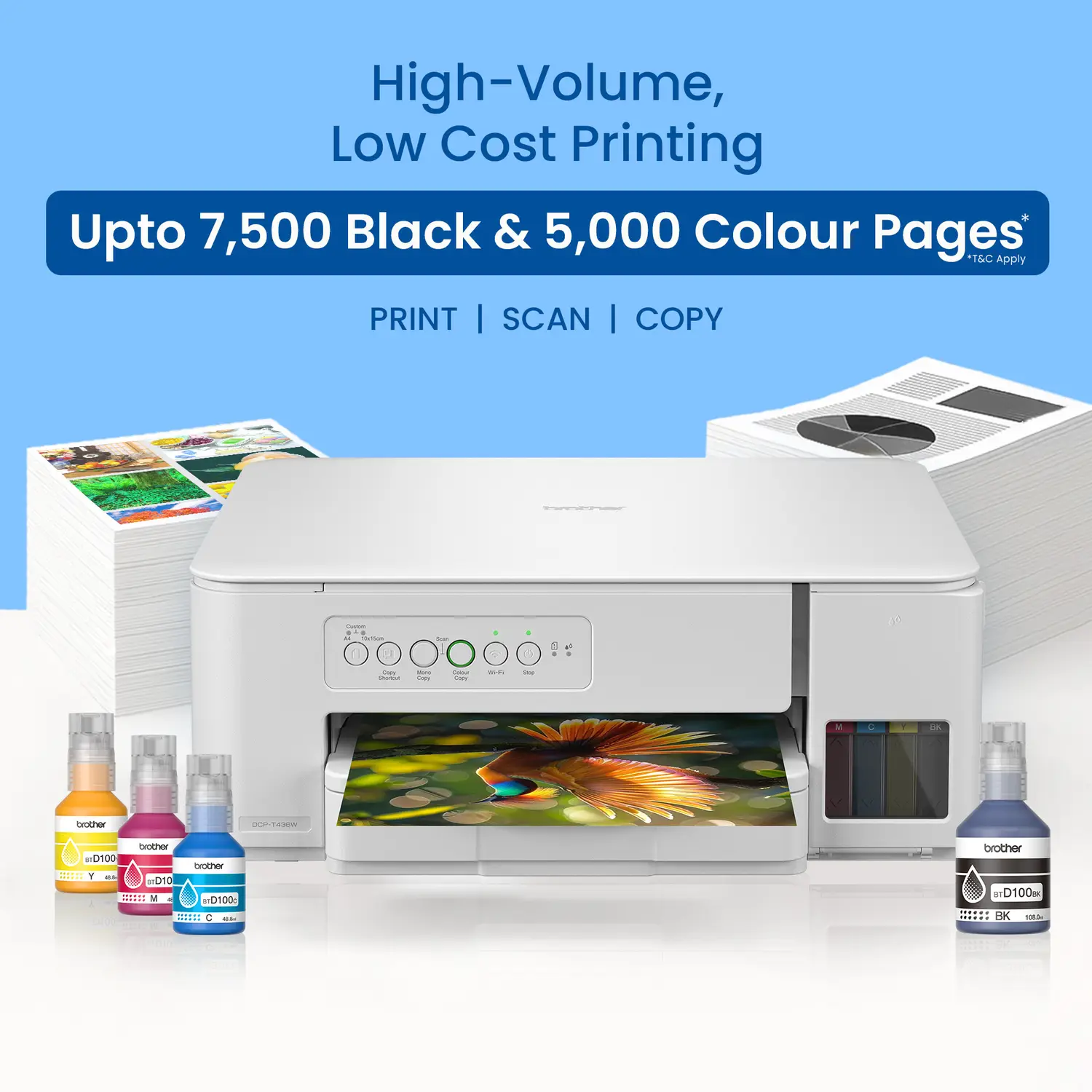 brother DCP-T436W Multi-function WiFi Color Ink Tank Printer (Borderless Printing) for Print/Copy/Scan with 27/11 PPM BK/CL, Print Upto 7.5 K Pages in Black & 5 K in Color Each for(CMY), Best for Home Printing - view 1