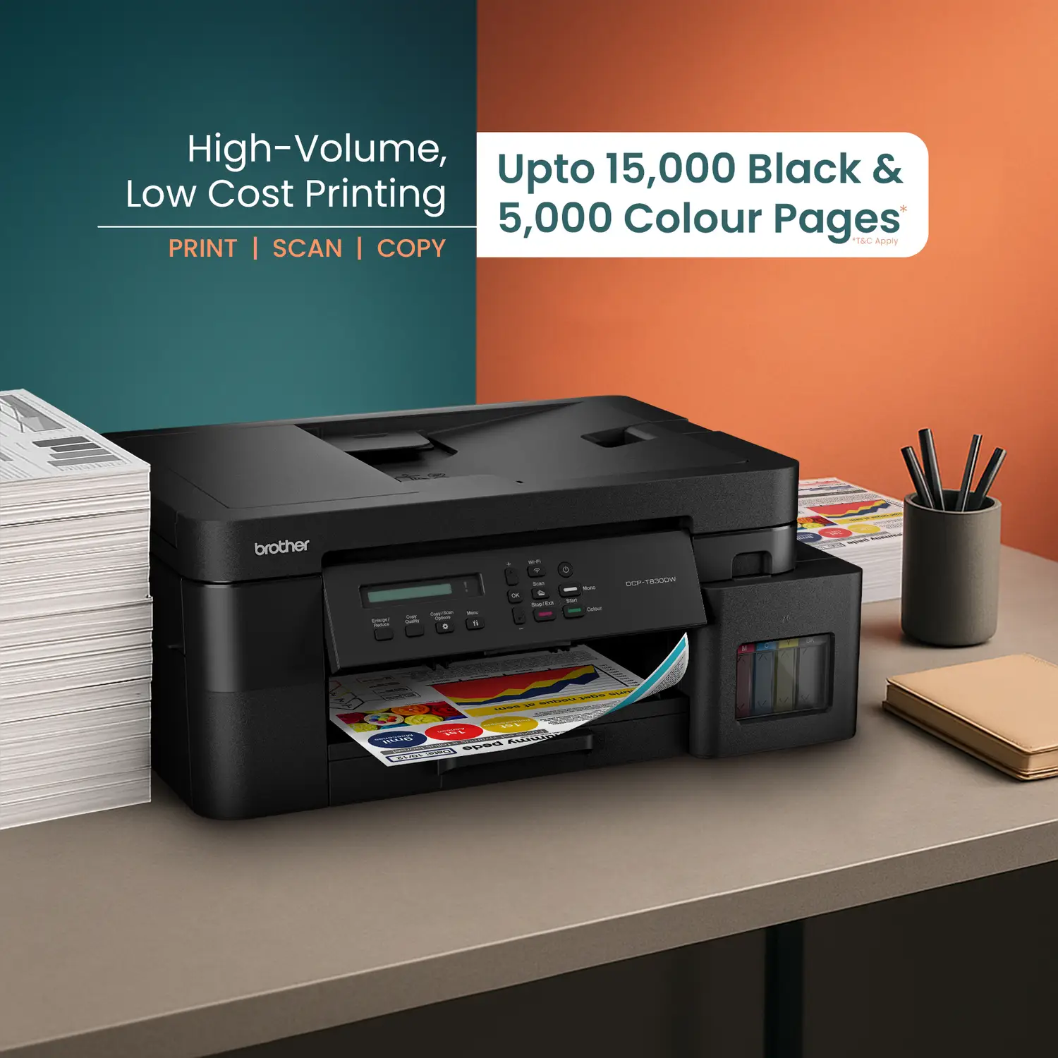 brother DCP-T830DW Multi-function WiFi Color Ink Tank Printer (Borderless Printing) for Print/Copy/Scan with ADF Printer,LAN, PrintUpto 15K Pages Black & 5K Color Each for(CMY), 80 Sheet MP Tray, Auto Duplex 2-Sided Printer - view 1