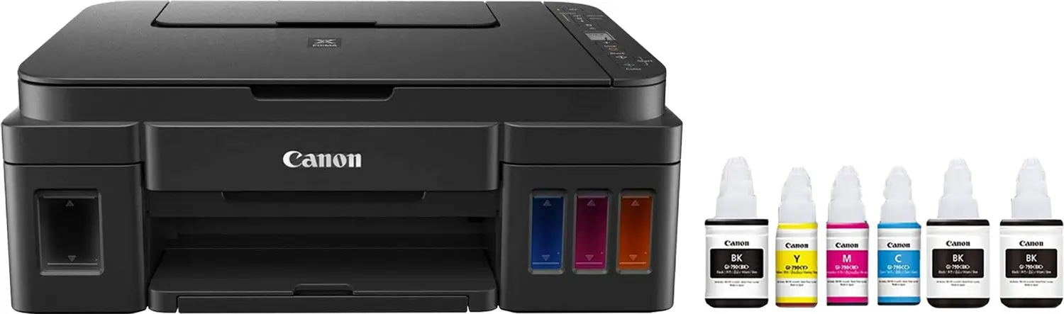 Canon PIXMA Mega Efficient G3012 Multi-function WiFi Color Ink Tank Printer (Color Page Cost: 0.21 Rs. | Black Page Cost: 0.09 Rs. | Borderless Printing) with 2 additional Black Ink Bottles