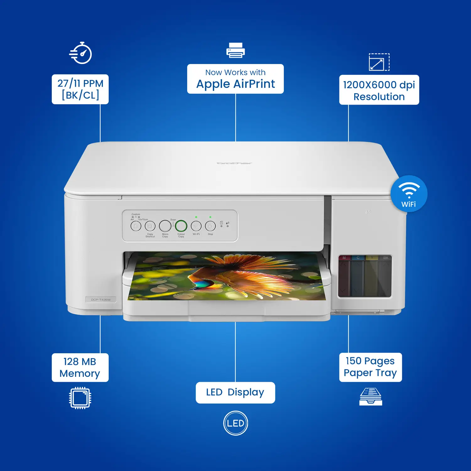 brother DCP-T436W Multi-function WiFi Color Ink Tank Printer (Borderless Printing) for Print/Copy/Scan with 27/11 PPM BK/CL, Print Upto 7.5 K Pages in Black & 5 K in Color Each for(CMY), Best for Home Printing - view 3