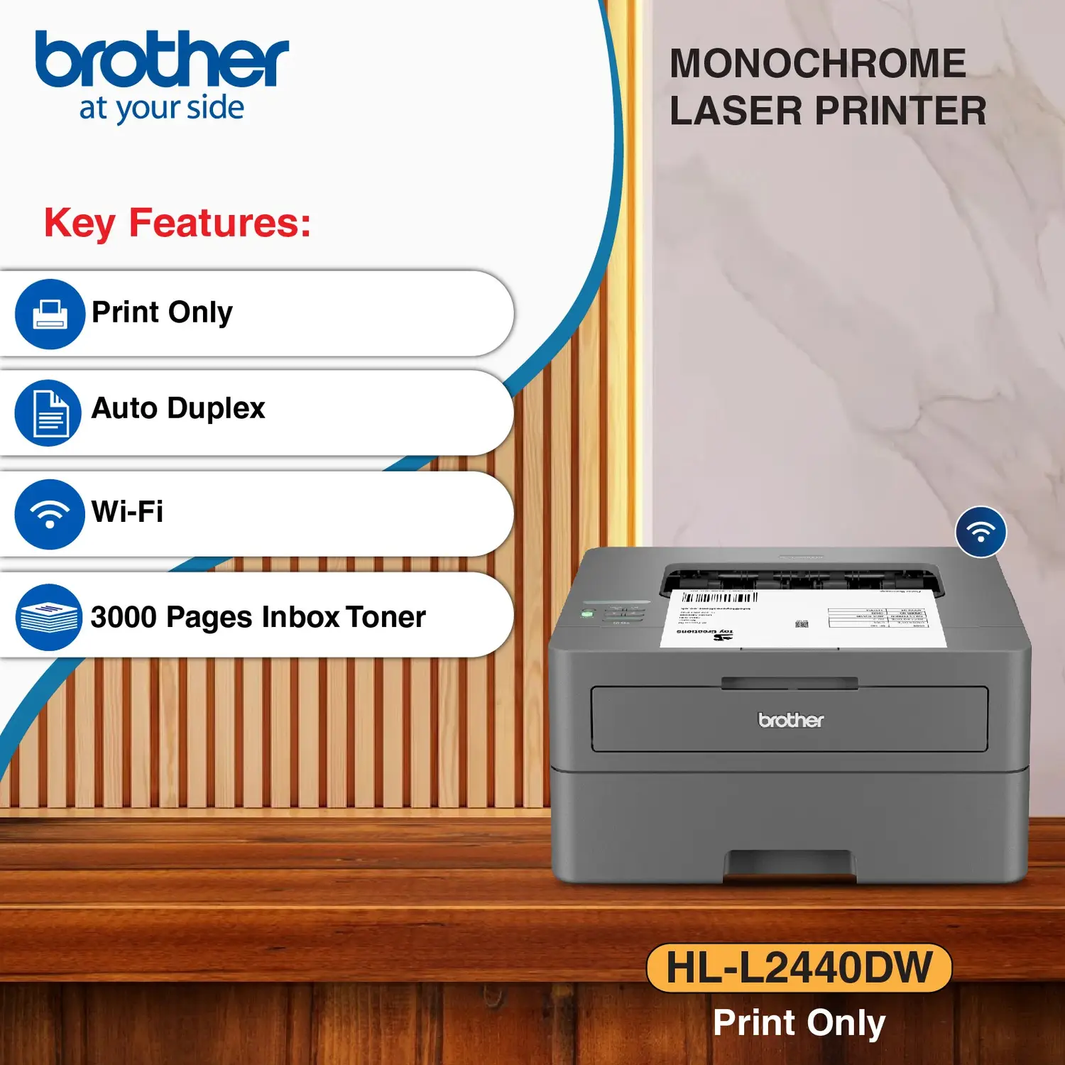 brother HL-L2440DW Single Function WiFi Monochrome Laser Printer with Auto Duplex Feature & with Up to 3000 Pages of Black Ink Toner in the box - view 4