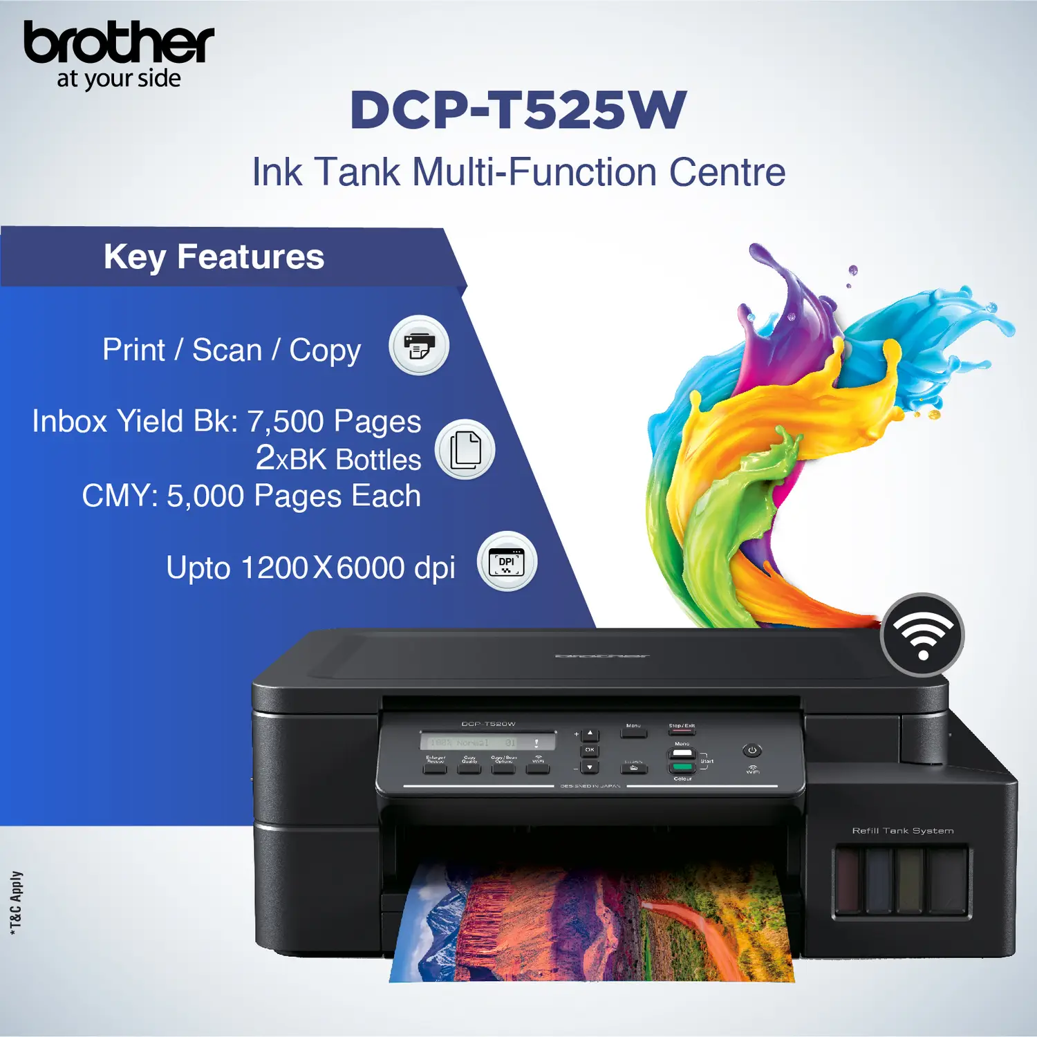 brother DCP-T525W All-in-One Refill Multi-function WiFi Color Ink Tank Printer (Borderless Printing) ideal for Home & Office Usage with 1 Additional Black Ink Bottle - view 3