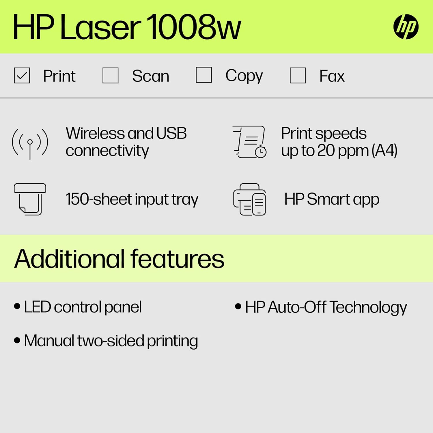 HP Laser 1008w Printer, Wireless, Single Function, Print, Hi-Speed USB 2.0, Up to 21 ppm, 150-sheet Input Tray, 100-sheet Output Tray, 10,000-page Duty Cycle, 1-Year Warranty, Black and White, 714Z9A - view 5
